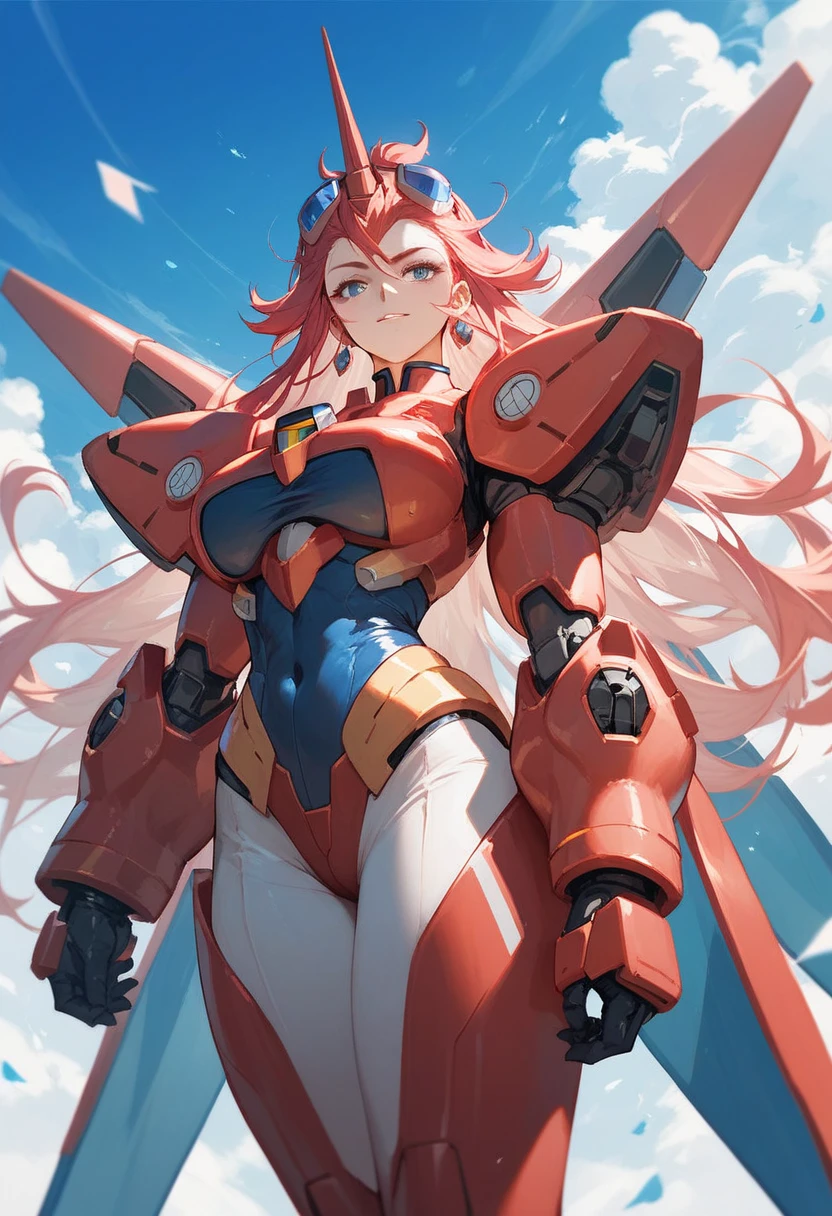 masterpiece, best quality, IncrsLowTier, electricity, glowing eyes zerotwo horns, hairband, necktie, red dress, pantyhose horns, hairband, red bodysuit, armlet, mecha horns, hairband, white bodysuit, white gloves, cap, red dress, white gloves, jacket on shoulders, pantyhose, cyber_armor body_suit,huge_breast, tall female, fulll body, sun light, smile,, sun aura,, boots, standing, smile, lips, red lips,{best quality}, {amazing quality} {best quality},{amazing quality},, {absurdres},{{highres}}, {very aesthetic}, {detailed}, curvy, tall, huge breast, character focus, white background,full-length portrait, 