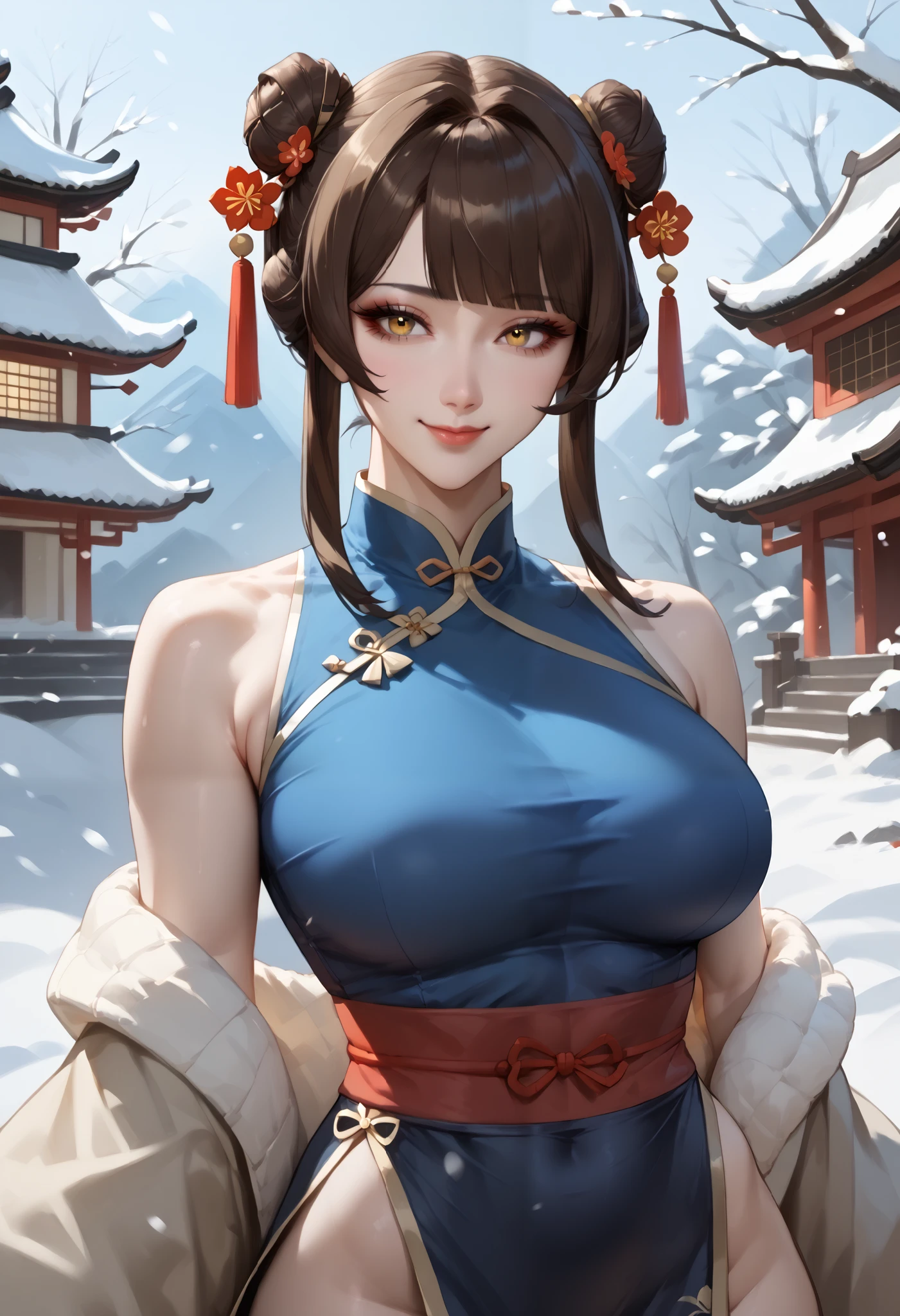 SOLO,A female, perfect body, gigantic oppai, wearing a grey short cheongsam, blunt bangs, hair bun, brown hair, hair two side up, yellow eyes, light smile, anime style, UHD, high quality, anatomically correct, textured skin, highres,open pose, Plum garden, Snowy Day,