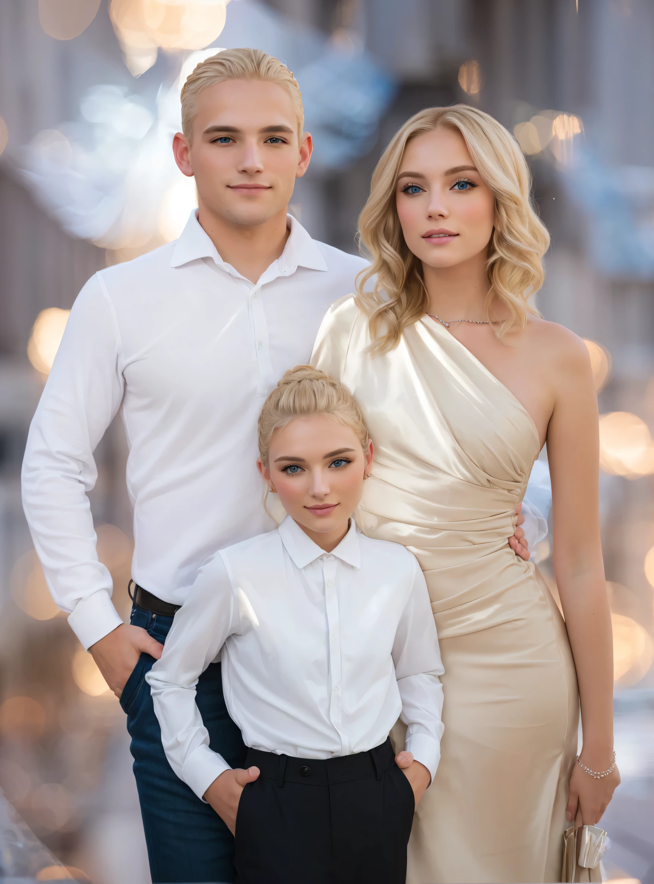 A married couple , photographic photography , don't change colors , Blonde girl , Detailed hair , masterpiece, 8 k