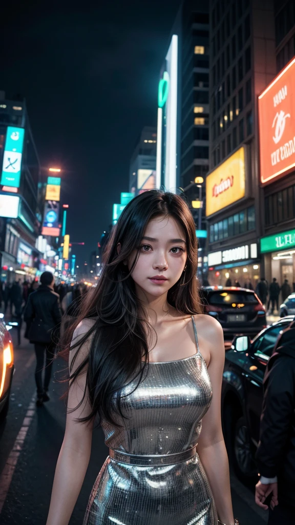 eye glass、A dark-haired、huge tit、Black dress、In the street