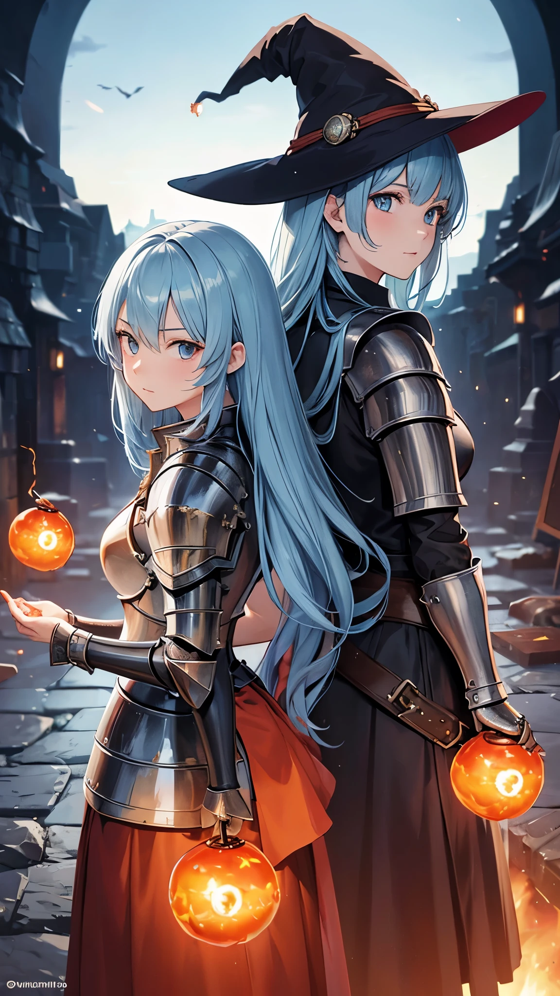 ((highest quality)),(Ultra-high resolution),(Very detailed),(Detailed Description),((The best CG)),(A masterpiece),Ultra-detailed art,Amazing drawing art,(Fantasy art with intricate detail:1.5), ((Two women standing back to back:1.5)), (witch:1.5),(Beautiful and well-proportioned face:1.3),(Shiny black hair:1.3),(緻密で詳細に描写されたwitchのローブ:1.4),(Floating fireball:1.6),(Confident々:1.2), (female knight:1.5),(Beautiful and well-proportioned face:1.3),(Light blue hair:1.3),(Intricately detailed armor:1.4),(Expressionless 1.2)