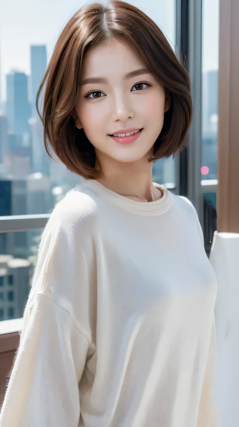 ((masterpiece)), ((Highest quality)), ((Complex)), ((Surreal)), (Realistic), (Mature Woman), ((There are no classes)), Very detailed, (1 female), Beautiful and exquisite, (Beautiful Teeth), Grin, Brunette Bob Hair, Brown eyes, ((blouse)), (Upper Body), (background:none), Perfect Eyes, Captivating eyes, Looking at the audience