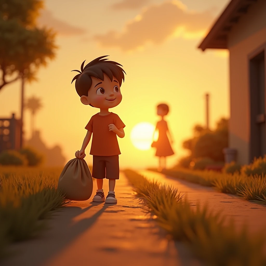 3D animation, theme is "lonely traveler", a young boy goes out on an errand alone, it's the first errand his mother has asked him to run, the boy walks home carrying a big bag, the setting sun shines on the boy, the boy feels lonely, his mother can be seen waving at the boy's destination, waiting for him to return, the boy smiles when he sees his mother, sentimental scene, 8K quality