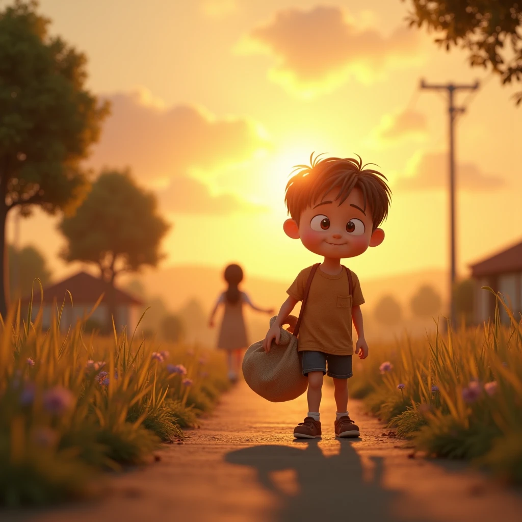 3D animation, theme is "lonely traveler", a young boy goes out on an errand alone, it's the first errand his mother has asked him to run, the boy walks home carrying a big bag, the setting sun shines on the boy, the boy feels lonely, his mother can be seen waving at the boy's destination, waiting for him to return, the boy smiles when he sees his mother, sentimental scene, 8K quality