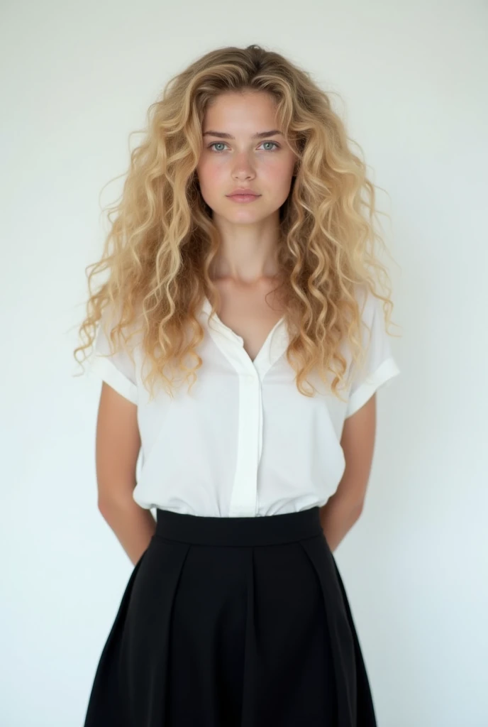 A short, slightly thin woman wears cute clothes and has blond curly hair/brown