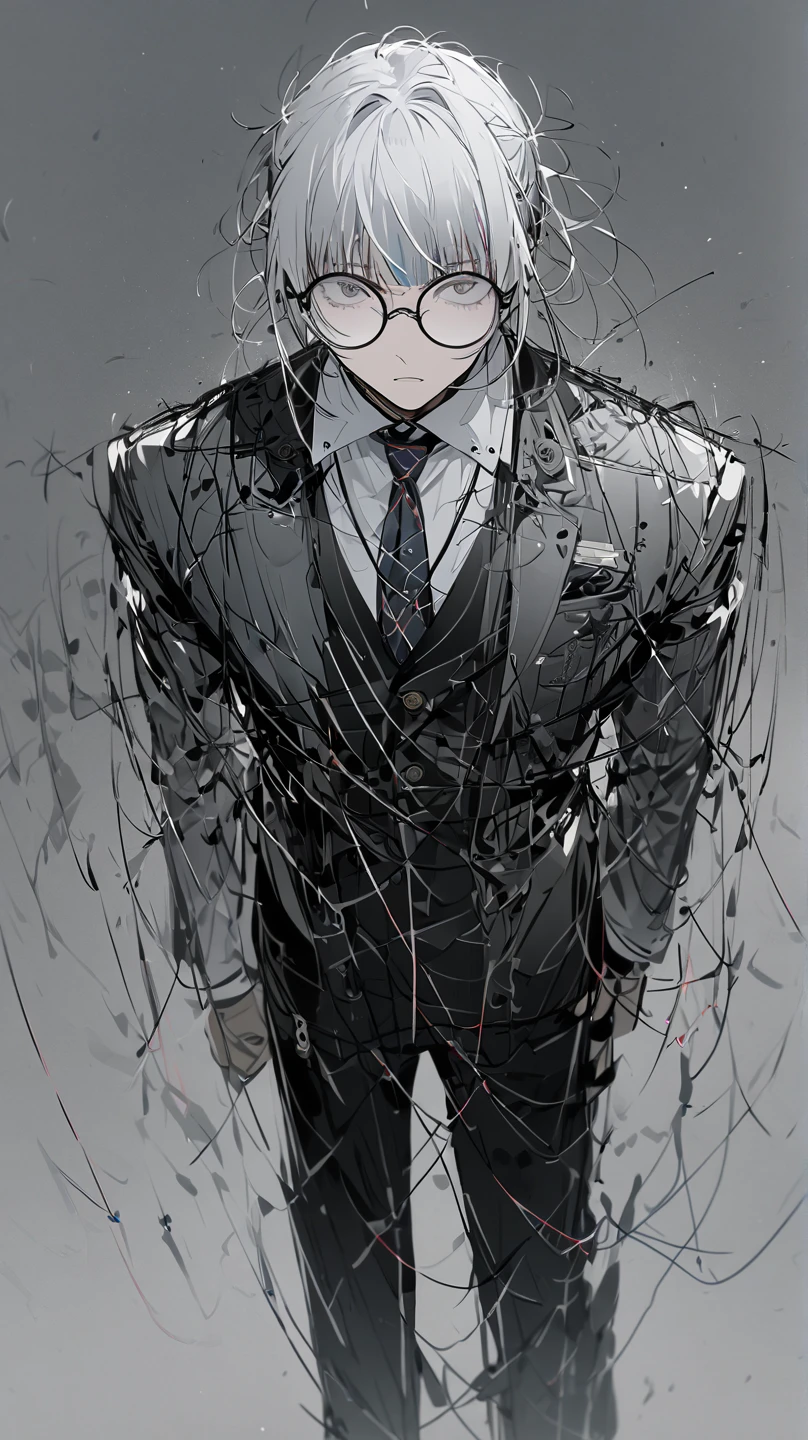 One person、solo、male、Round Glasses、 gray hair 、Thread、 shirt 、 ties、whole body、 simple background 、Leather shoes、pants