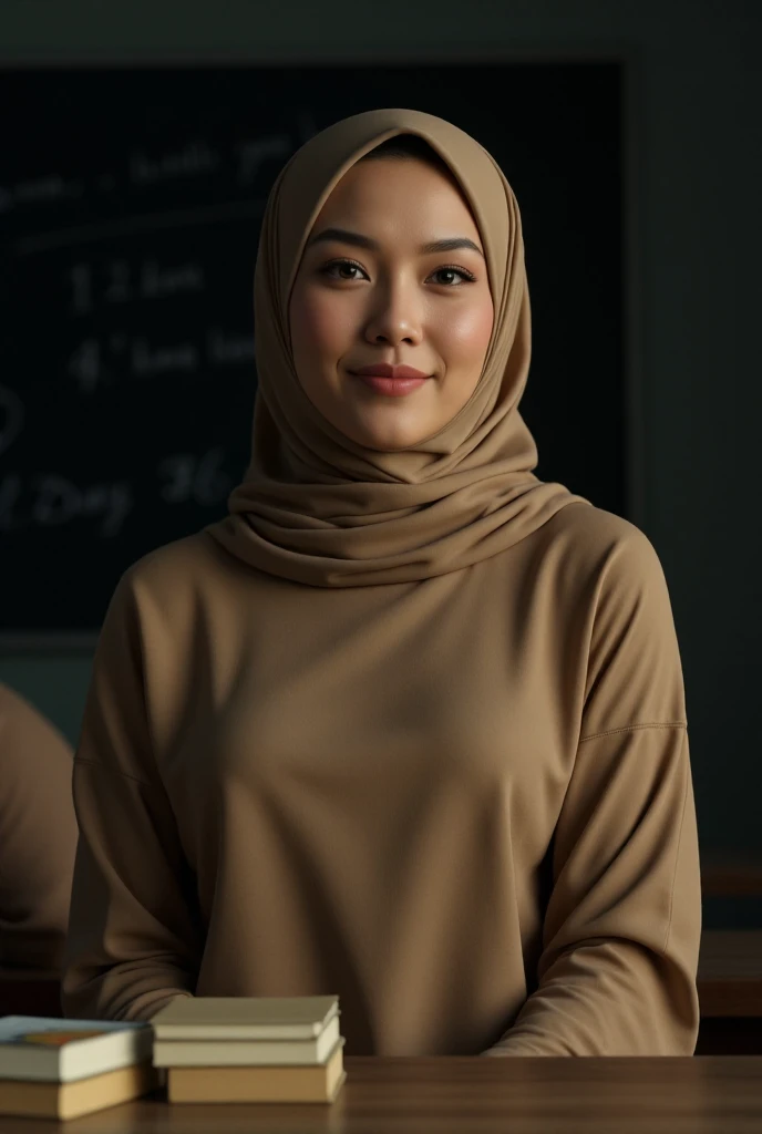 best quality,realistic,photorealistic:1.37,ultra-detailed,professional,classroom,hijab-wearing woman,soft smile,gorgeous eyes,big natural breasts,curvy body,nighttime,excellent lighting,bright light,indonesian,matte color tones,poster-like style,vivid colors,serene atmosphere,reflection on the floor,books on the table,comfortable seating,peaceful environment,focus on the woman,subtle shadows,dark background, nsfw, white skin, thin body