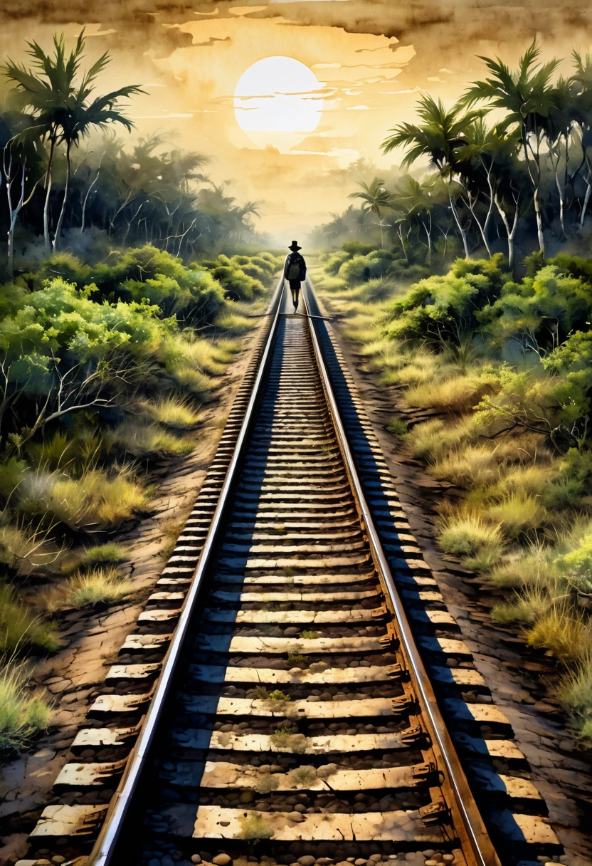 A lonely traveler of life walking on an abandoned railway line, single track, barren soil, lush vegetation, dim light, a textured touch style that combines oil painting and watercolor painting, effective effects, bold and dynamic, contrasts of light and shadow, 2.5D, ultra detailed, absolutely resolution, masterpiece