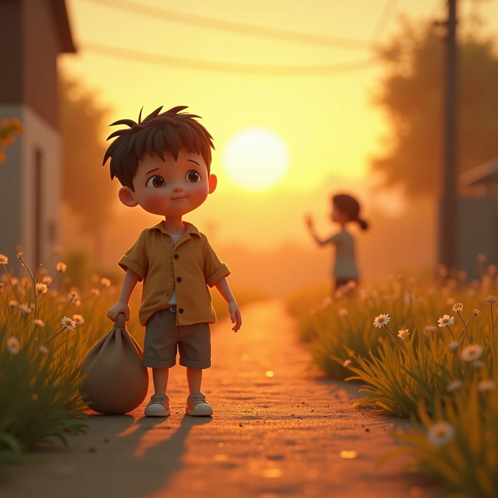 3D animation, theme is "lonely traveler", a young boy goes out on an errand alone, it's the first errand his mother has asked him to run, the boy walks home carrying a big bag, the setting sun shines on the boy, the boy feels lonely, his mother can be seen waving at the boy's destination, waiting for him to return, the boy smiles when he sees his mother, sentimental scene, 8K quality