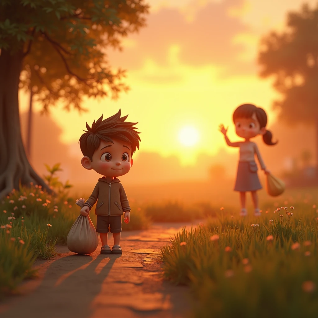 3D animation, theme is "lonely traveler", a young boy goes out on an errand alone, it's the first errand his mother has asked him to run, the boy walks home carrying a big bag, the setting sun shines on the boy, the boy feels lonely, his mother can be seen waving at the boy's destination, waiting for him to return, the boy smiles when he sees his mother, sentimental scene, 8K quality