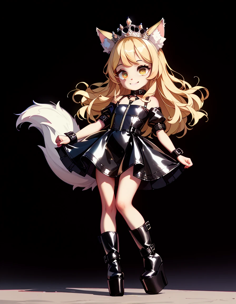  high image quality、 High Quality 、 petite girl、 big eyes、Droopy eyes、smile、Pure、crown、Wolf ears、Wolf Tail、Blonde、Platform boots、princess、 leather bondage dress