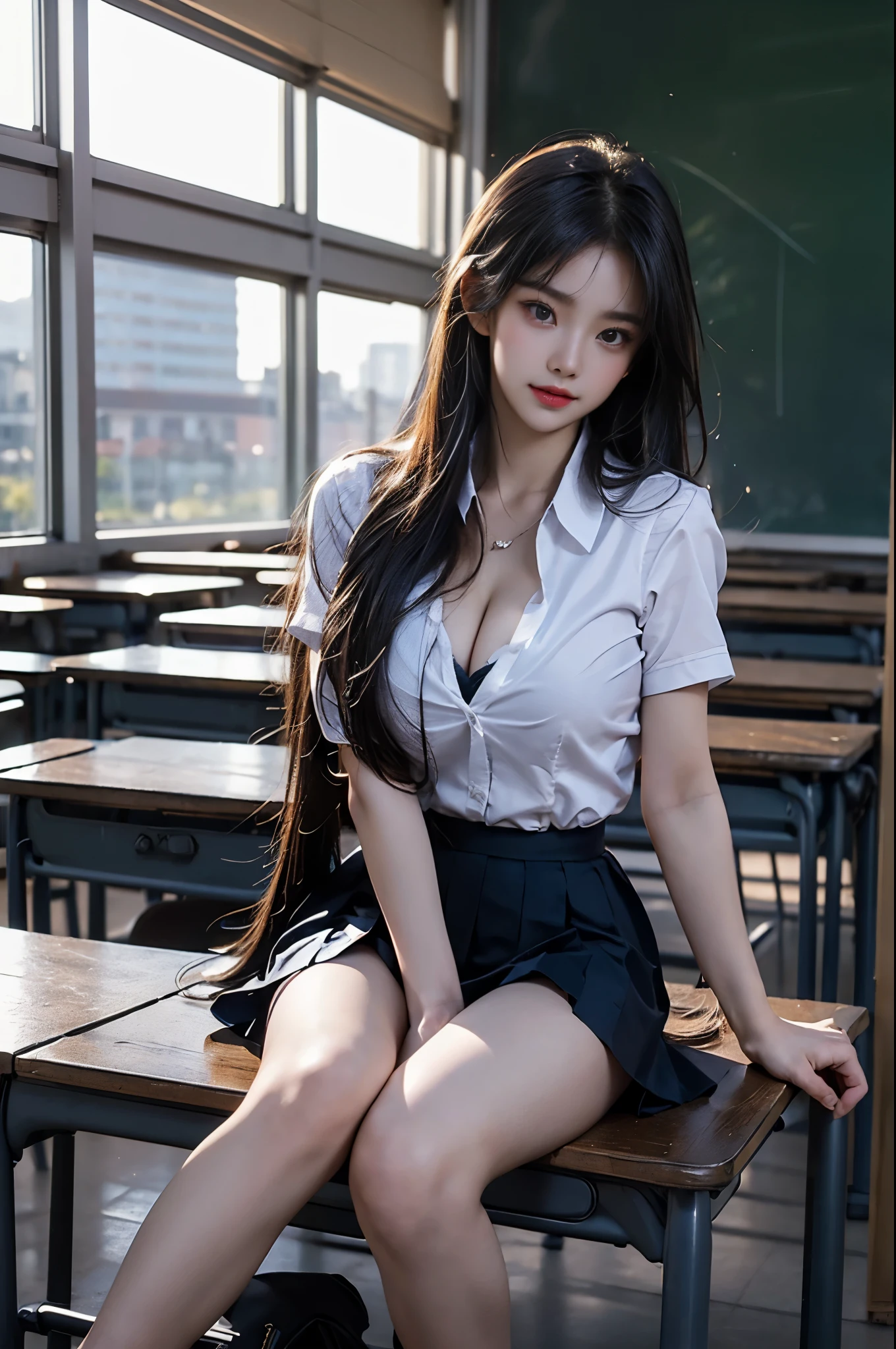 xiaofu, school uniform,collared shirt, pleated skirt, ((photorealistic)), ((masterpiece)), (ultra-detailed), (high quality), (At night, warm colors of light), beautiful young woman, (Full breasts, visible cleavage), (Very short hemline, revealing smooth thighs), (Correct and beautiful leg shape), perfect facial features, flawless skin, flowing long hair, slim figure, (sitting on the desk in the classroom:1.3), (Toes touch the ground:1.2), (one hand elegantly running through her hair:1.2), soft natural lighting, shallow depth of field, cinematic lighting, professional photography, 85mm lens, F2.8, bokeh