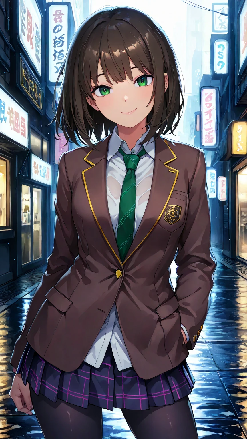 masterpiece, best quality, very aesthetic, ultra realistic anime, Sharp Focus, high contrast, 1girl, detailed green eyes, smile, dark brown silky hair, contrapposto, Captivating thighs, uniform, brown blazers, (hads in pocket, unbutton), Green tie, Plaid Pleated Skirt, black tights, rainy cyber city, at night