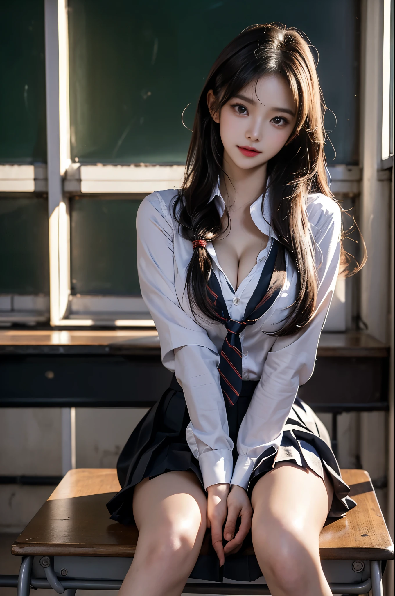 xiaofu, school uniform,collared shirt, pleated skirt, ((photorealistic)), ((masterpiece)), (ultra-detailed), (high quality), (At night, warm colors of light), beautiful young woman, (Full breasts, visible cleavage), (Very short hemline, revealing smooth thighs), (Correct and beautiful leg shape), perfect facial features, flawless skin, flowing long hair, slim figure, (sitting on the desk in the classroom:1.3), (Toes touch the ground:1.2), (one hand elegantly running through her hair:1.2), soft natural lighting, shallow depth of field, cinematic lighting, professional photography, 85mm lens, F2.8, bokeh