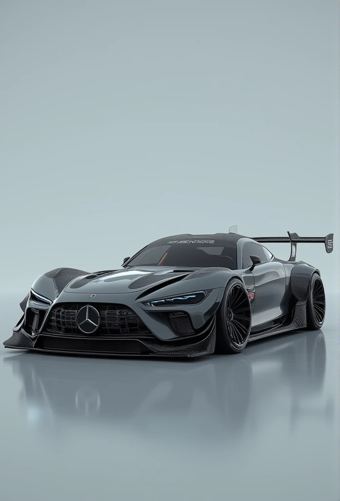 a grey mercedes benz , cinematic front shot, miura kentaro style, mercedes concept cars, hyper real render, steel gray body, cgi render, render, wide body, front profile shot, front shot, mercedes, high-quality render, concept car, restomod, 2025 car style, futuristic car