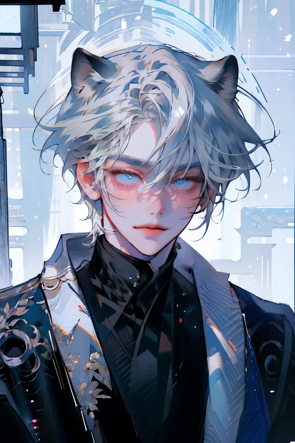 masterpiece,  ighly detailed, highest quality, (alone focus), (perfect face:1.1), (high detail:1.1), (highly detailed eyes), dramatic, A man with white hair and blue eyes, short hair, pair skin, black suit, animal ears, smile, winter forest