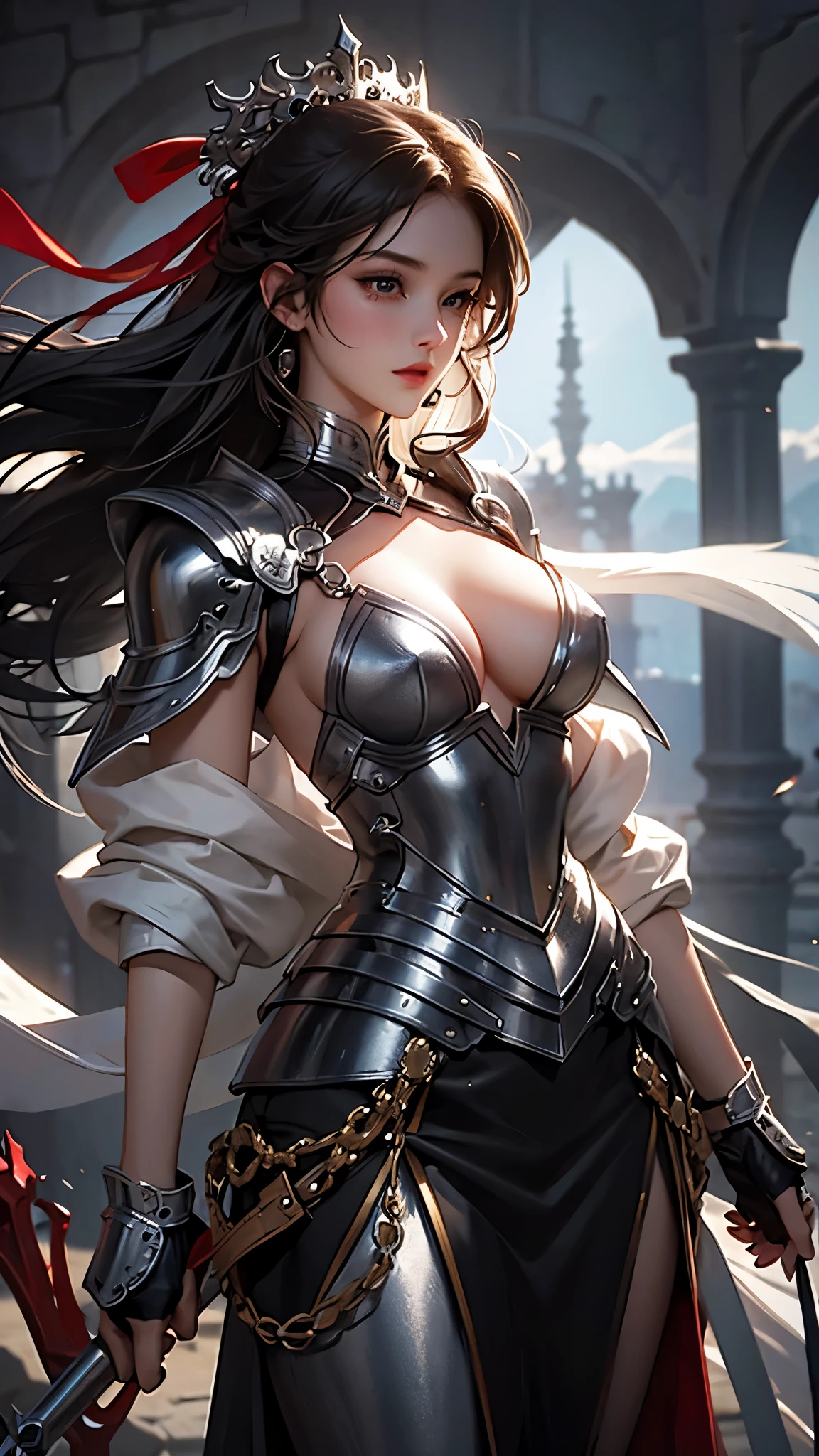 beautiful detailed eyes, beautiful detailed lips, extremely detailed eyes and face, longeyelashes, 1girl, woman, warrior, swordswoman, confident smile, navel visible, shiny metal sword, intricate armor, dramatic lighting, dramatic pose, epic fantasy, digital art, highly detailed, award winning, ultra detailed, hyperrealistic, octane render, cinematic lighting, dramatic shadows, volumetric lighting, 4k, 8k, highres, masterpiece:1.2, ultra-detailed, realistic:1.37