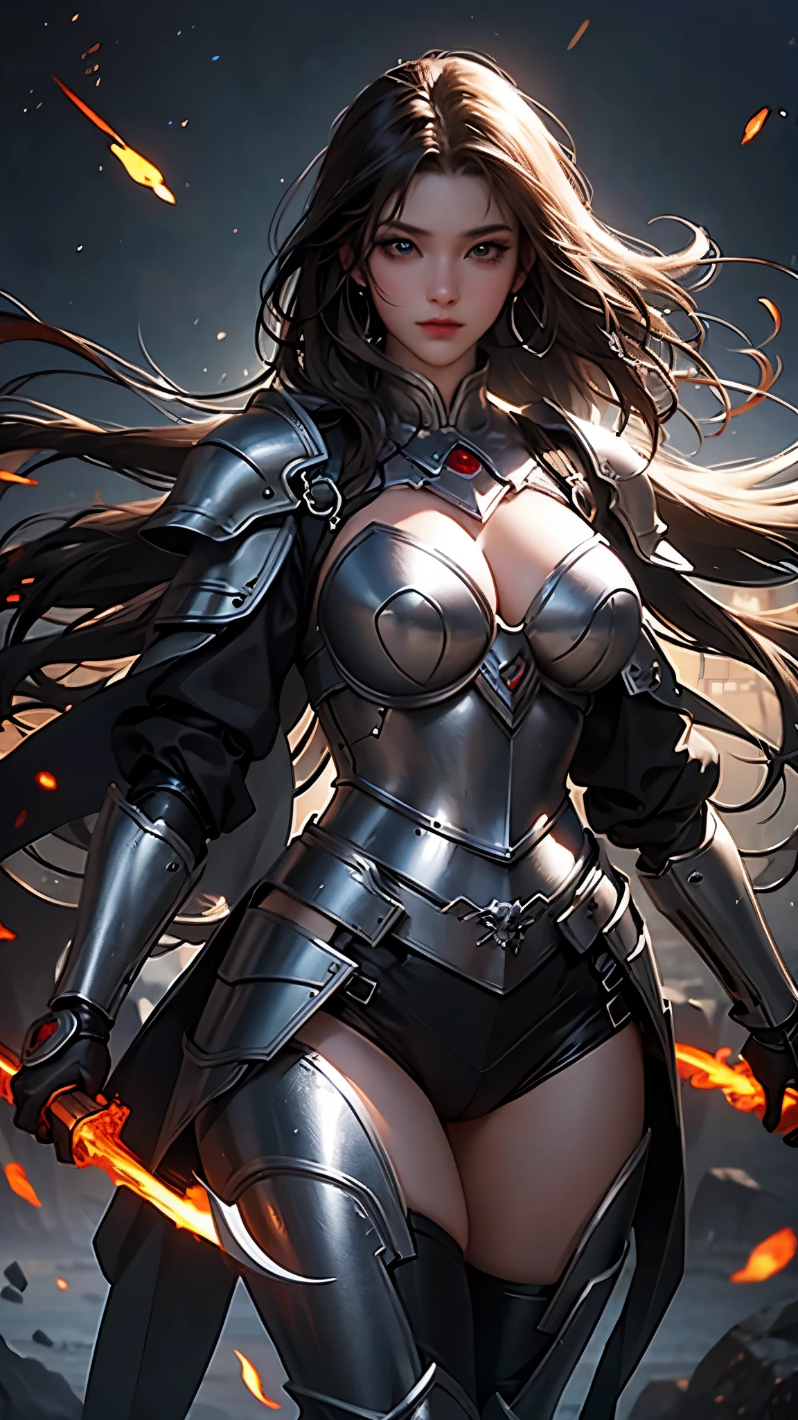 Guerreira, fantasia, armadura de placas, steel breastplate, Steel gauntlets, steel gloves, saia curta, saia vermelha, levantando a saia, calcinha branca, calcinha aparecendo, Brown hair, realista, D&D, saia levantada, (cameltoe), upskirt, Steel gauntlets, steel boots, steel breastplate, melhor qualidade, long ponytail, obra-prima, 8k, (exposed navel), (Two-Handed Axes)