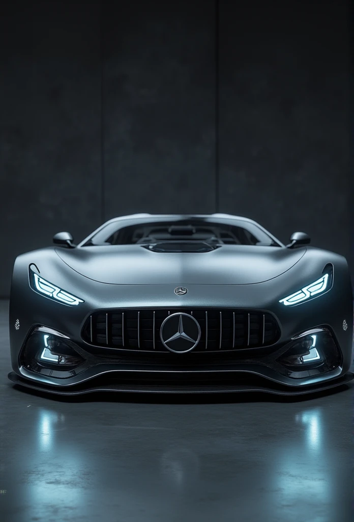 a grey mercedes benz , cinematic front shot, miura kentaro style, mercedes concept cars, hyper real render, steel gray body, cgi render, render, wide body, front profile shot, front shot, mercedes, high-quality render, concept car, restomod, 2025 car style, futuristic car, 280SL, pagoda, vintage