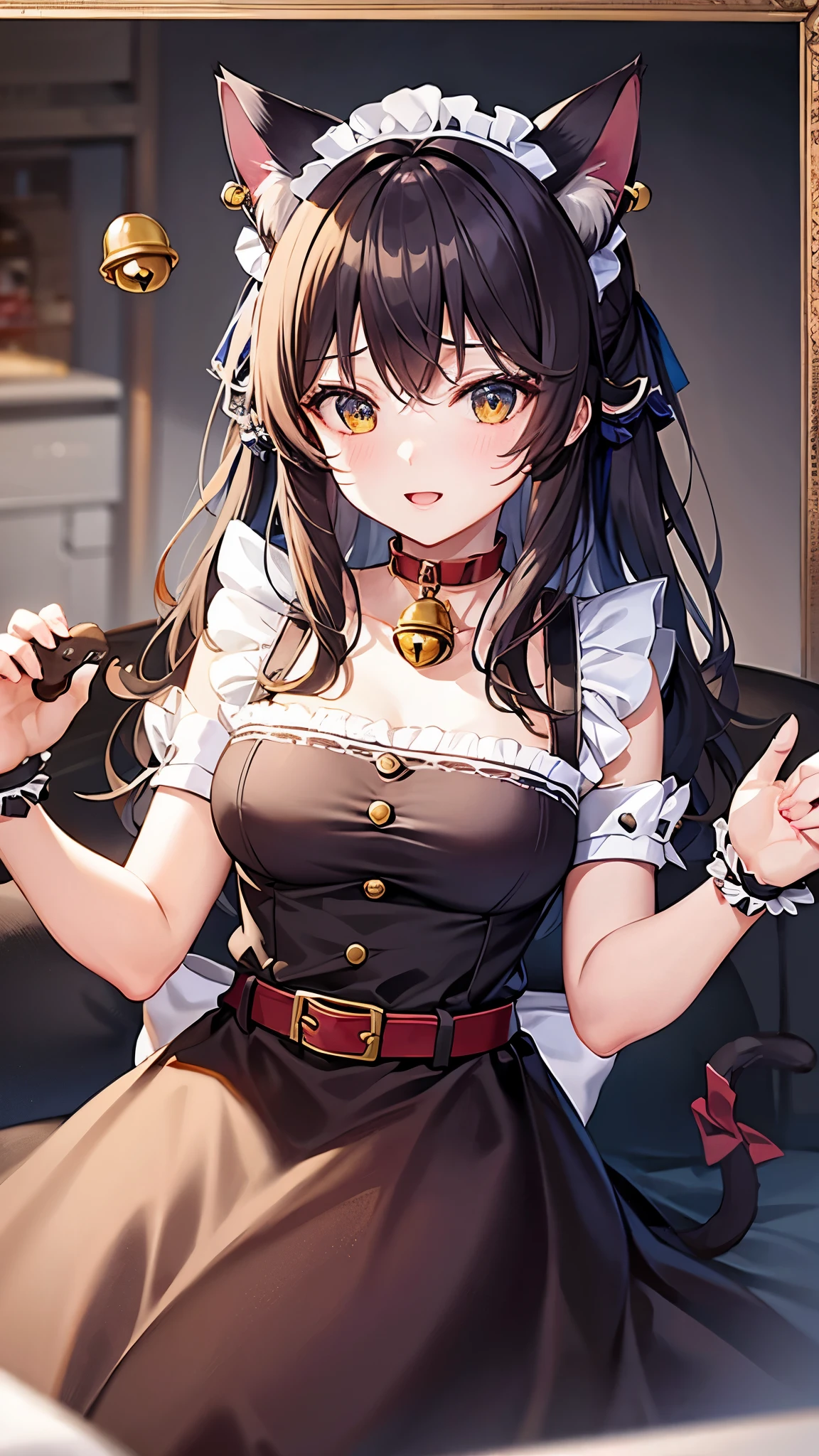 ((highest quality)),(Ultra-high resolution),(Very detailed),(Detailed Description),((The best CG)),(A masterpiece),Ultra-detailed art,Amazing drawing art,(Art with exquisite detail:1.5), (Cat Ear Maid:1.7),(Red belt choker with bells:1.6),