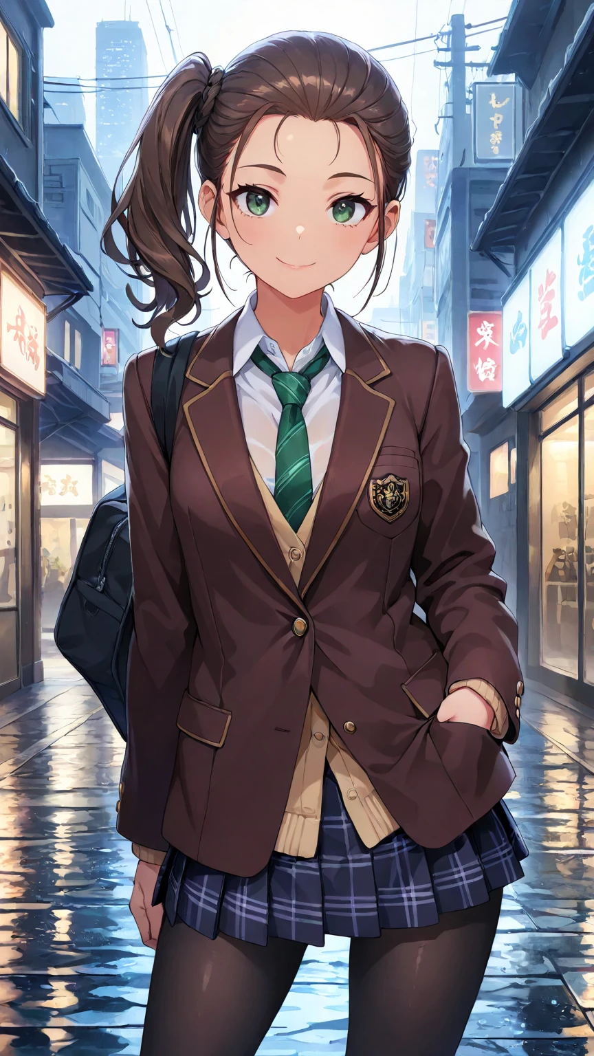 masterpiece, best quality, very aesthetic, ultra realistic anime, Sharp Focus, high contrast, 1girl, detailed green eyes, smile, dark brown silky hair, {hair pulled back}, side ponytail, contrapposto, Captivating thighs, uniform, brown blazers, (hads in pocket, unbutton), Green tie, Plaid Pleated Skirt, black tights, rainy cyber city, at night