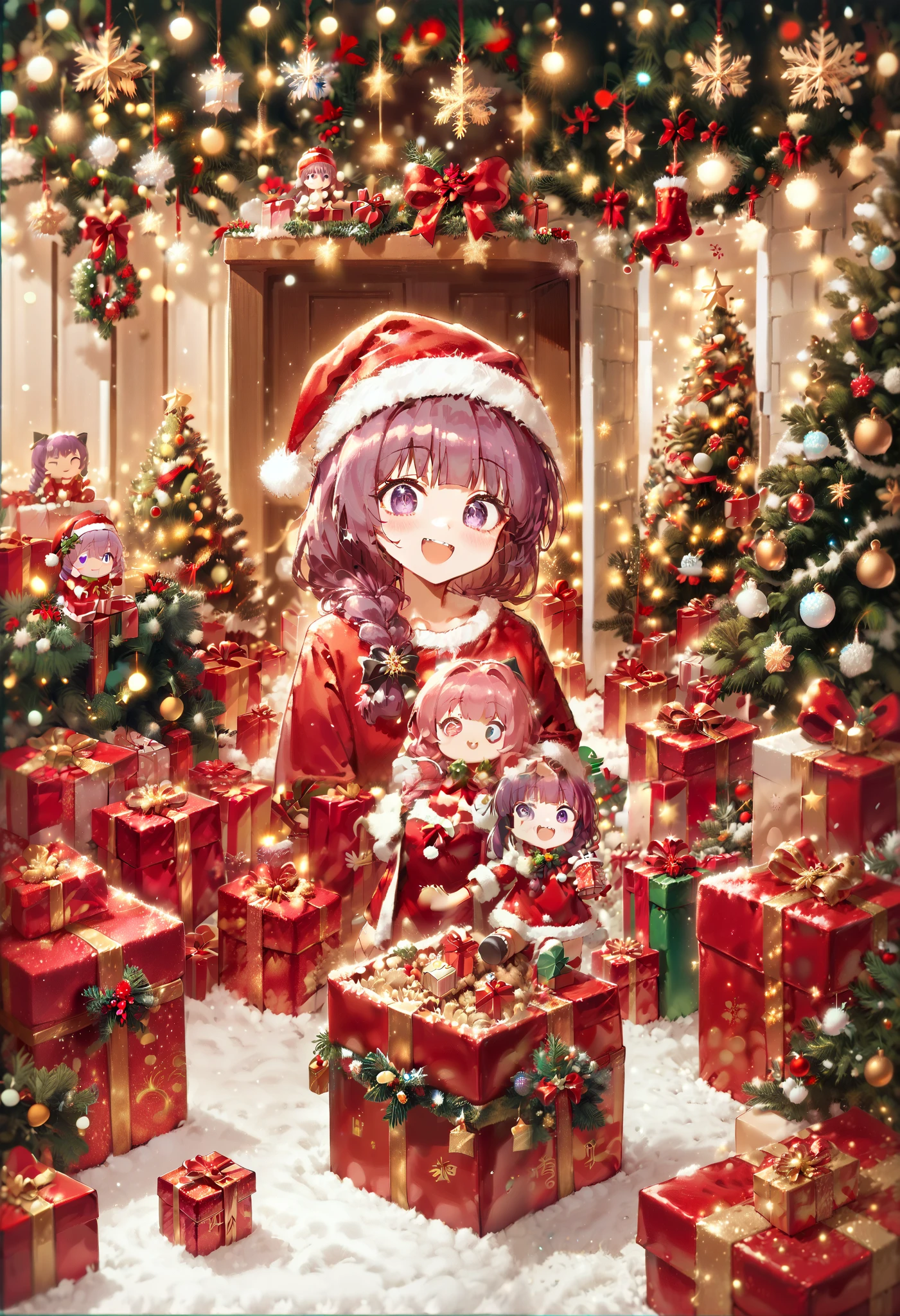  hiroikikuriSDXL,hiroi kikuri, single braid, hair over shoulder, hair bow,black bow,purple eyes,, colorfull flowers, ,, vigorously smiling, , exciting face, ,, smiling,, holding a doll,, Present,christmas ,christmas lights,christmas clothing,christmas tree,merry,,gift box, , celebrating, ,,In this festive winter 
