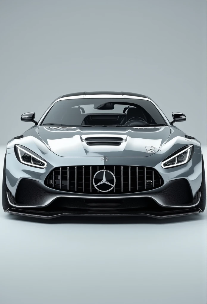 a grey mercedes benz , cinematic front shot, steel gray body, wide body,  mercedes, high-quality render,  restomod, 2025 car style, futuristic car, 280SL, pagoda, vintage