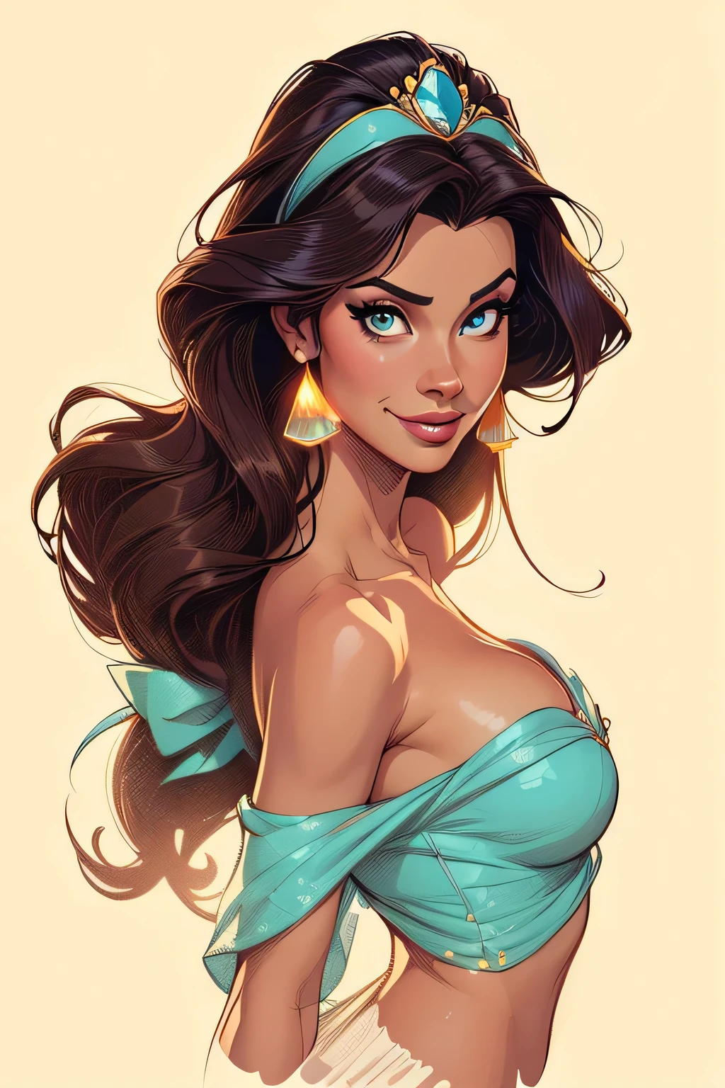 score_9, score_7_up, 1girl, solo, princess jasmine, best quality, portrait, pastel background, blurry background, large breasts, photoshoot, highres, bashful look