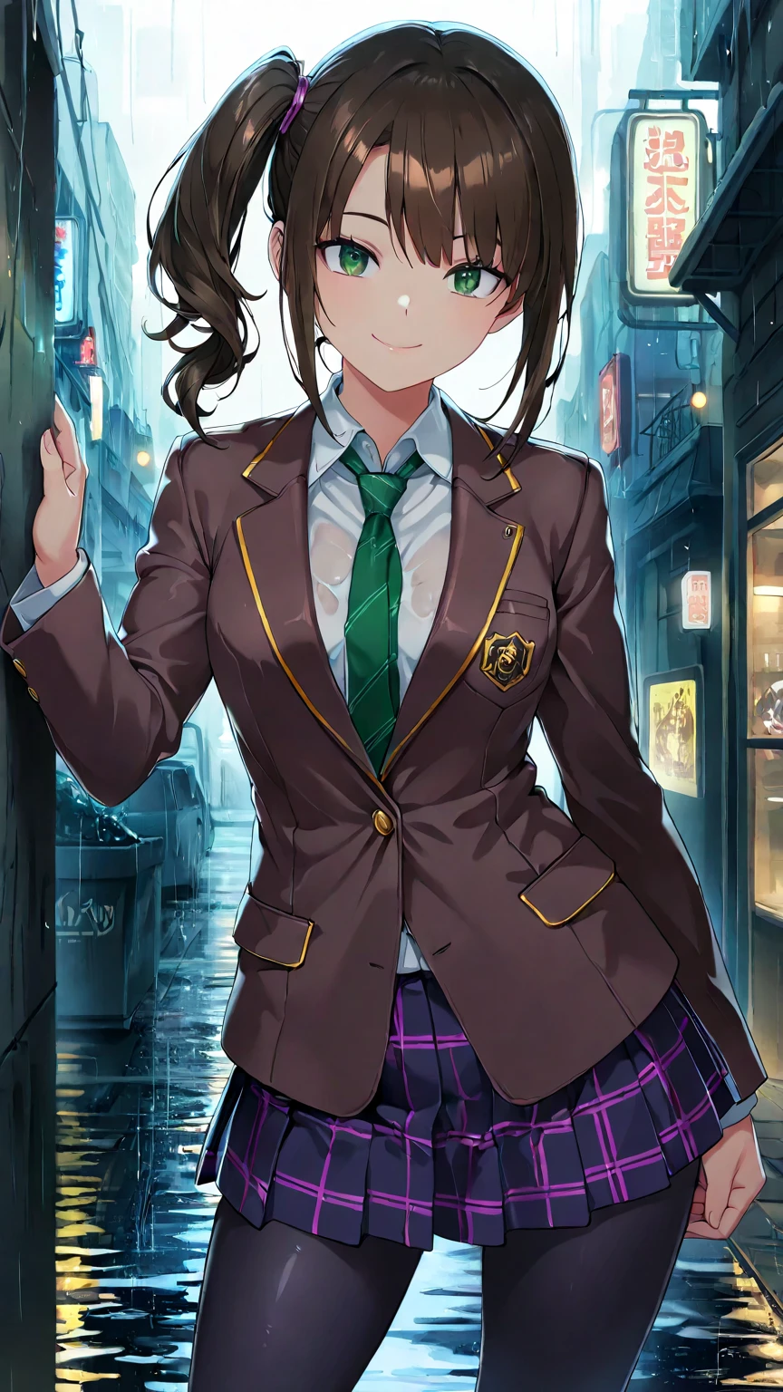 masterpiece, best quality, very aesthetic, ultra realistic anime, Sharp Focus, high contrast, 1girl, detailed green eyes, smile, dark brown silky hair, side ponytail, contrapposto, Captivating thighs, uniform, brown blazers, (hads in pocket, unbutton), Green tie, Plaid Pleated Skirt, black tights, rainy cyber city, at night