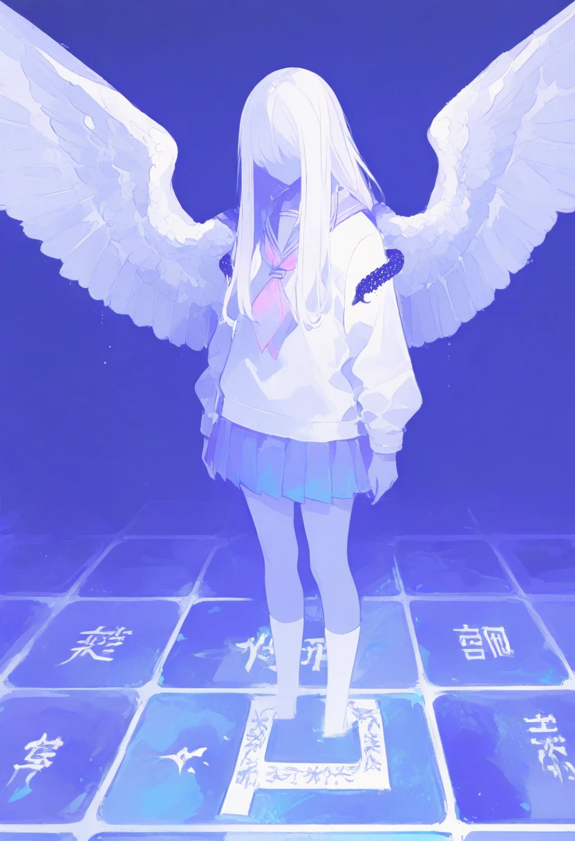  top quality,   Masterpiece  , 748cmスtile,  1 girl ,  pleated skirt , Blue Theme,  pink neckerchief ,  white hair,  standing,  long hair,  school uniform, Kamado ,  sailor color ,  Long Sleeve ,  white socks , Seraph,  purple theme , tile,  Arm Bras , the above,  blue skirt,  limited palette , Faceless