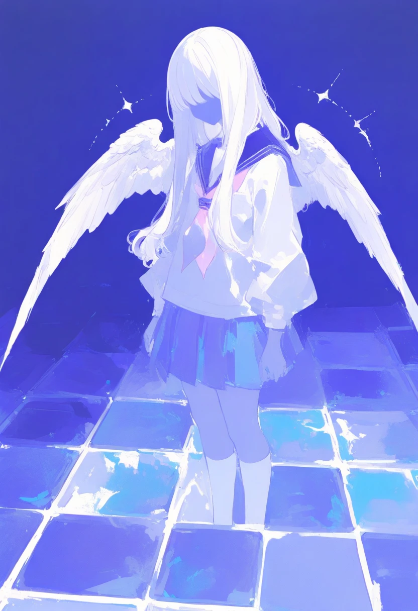  top quality,   Masterpiece  , 748cmスtile,  1 girl ,  pleated skirt , Blue Theme,  pink neckerchief ,  white hair,  standing,  long hair,  school uniform, Kamado ,  sailor color ,  Long Sleeve ,  white socks , Seraph,  purple theme , tile,  Arm Bras , the above,  blue skirt,  limited palette , Faceless