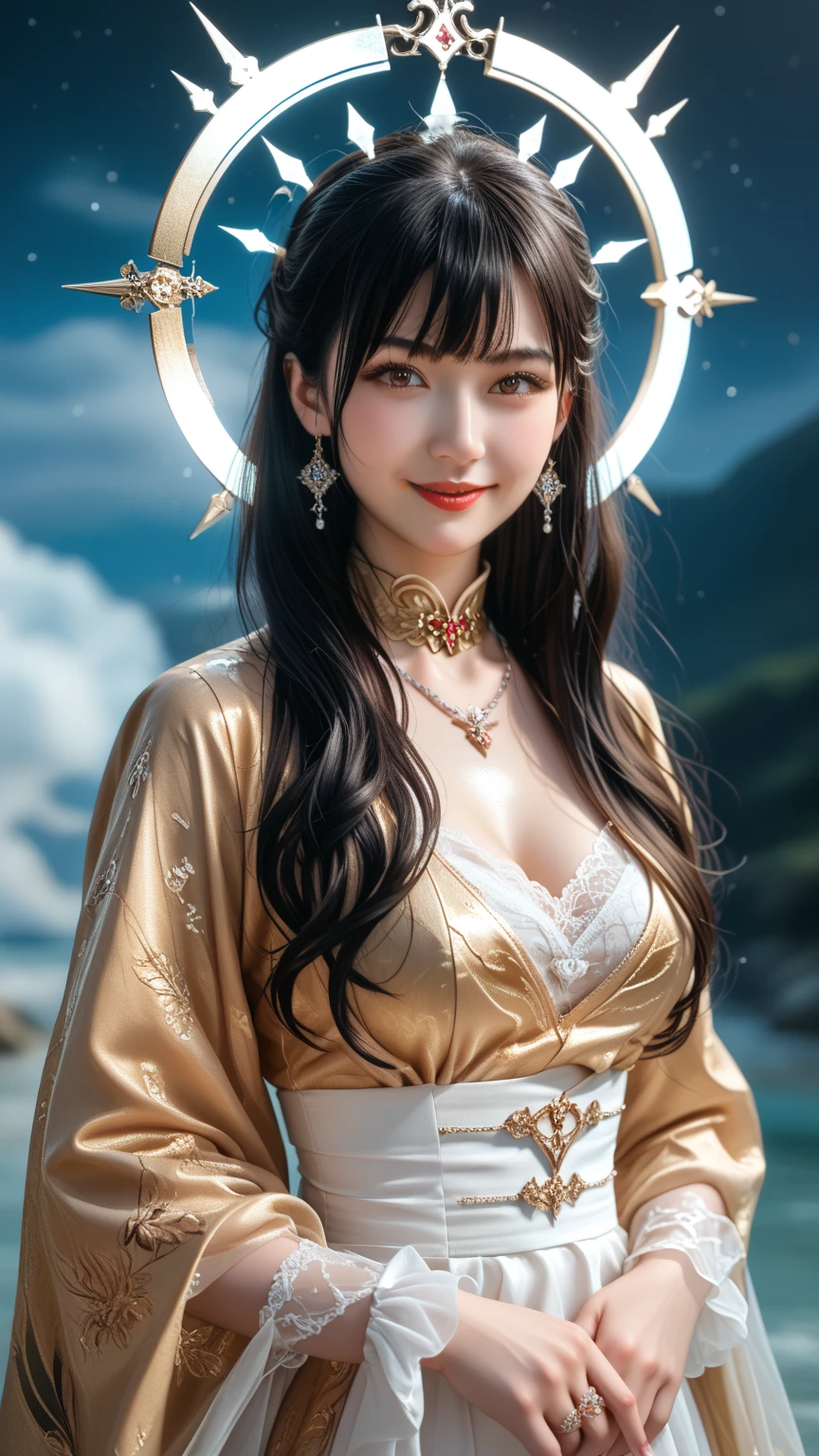 Immortal goddess, super beautiful, 8k, super big breasts, meditating, light white cloth covering part of her body, sitting cross-legged, golden glowing magic circle rotating behind her, magical aura surrounding her parts, magical, fantasy, milky way background, (4 elements, fire, water, wind, earth, surround it),
