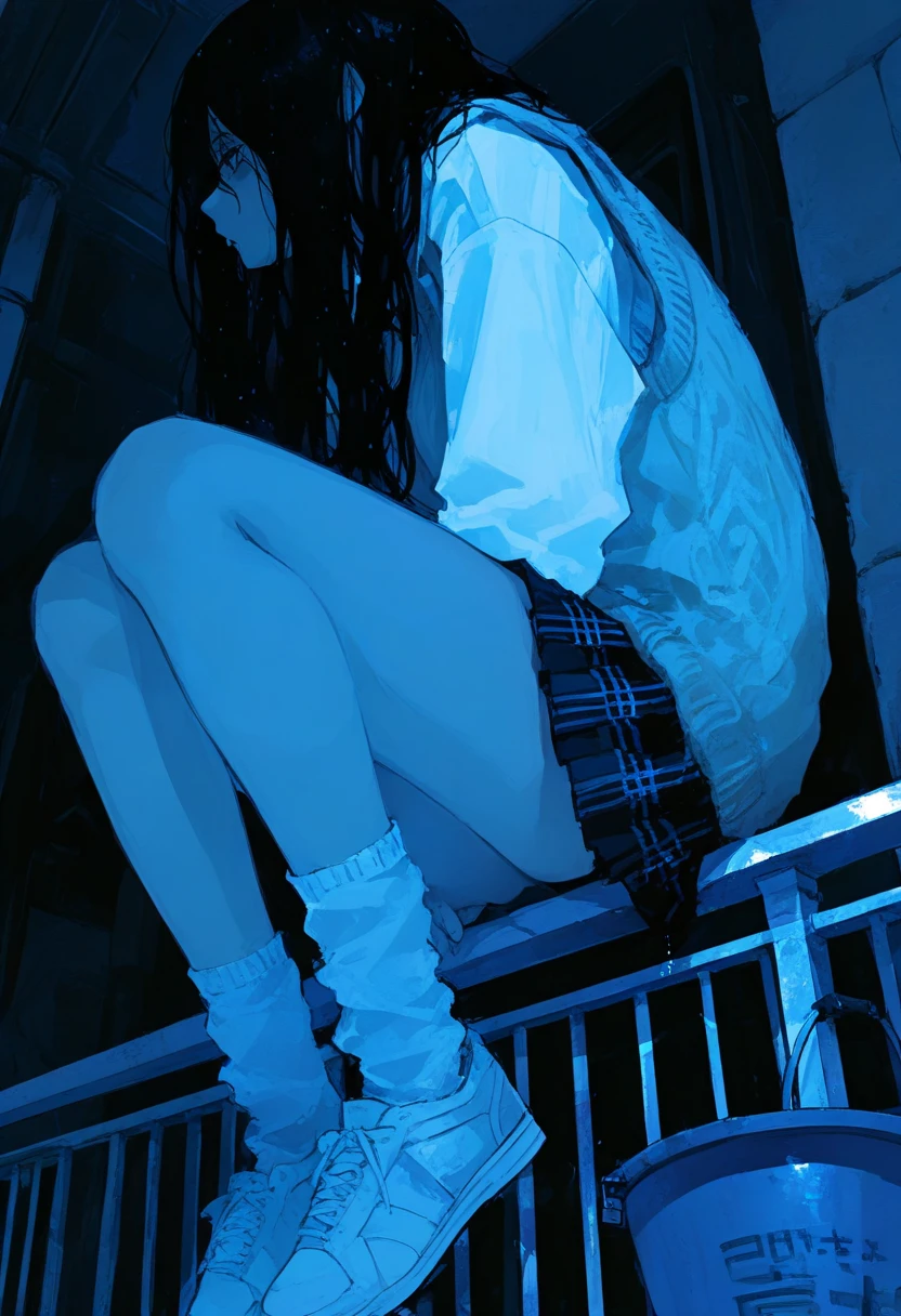  top quality,   Masterpiece  ,  748cm Style ,  1 girl , Blue Theme,  check skirt,  sweater vest,  long hair,  white socks , shoes,  black hair,  sneakers, 白いshoes, On the railing,  sitting,  pleated skirt ,   knight ,   loose socks,  white shirt, Hair in the eyes,  school uniform, bucket, from side, whole body,  wet hair ,  black and white,  Long Sleeve ,  profile,   Mini Skirt,   black skirt  ,  from below