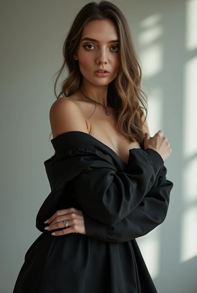 Hot russian girl with long brunette hair wearing a black kimono, standing in a room, arching her back accentuating her beautiful curves and bright image spreaded over legs white girl hot ass and breast, side view