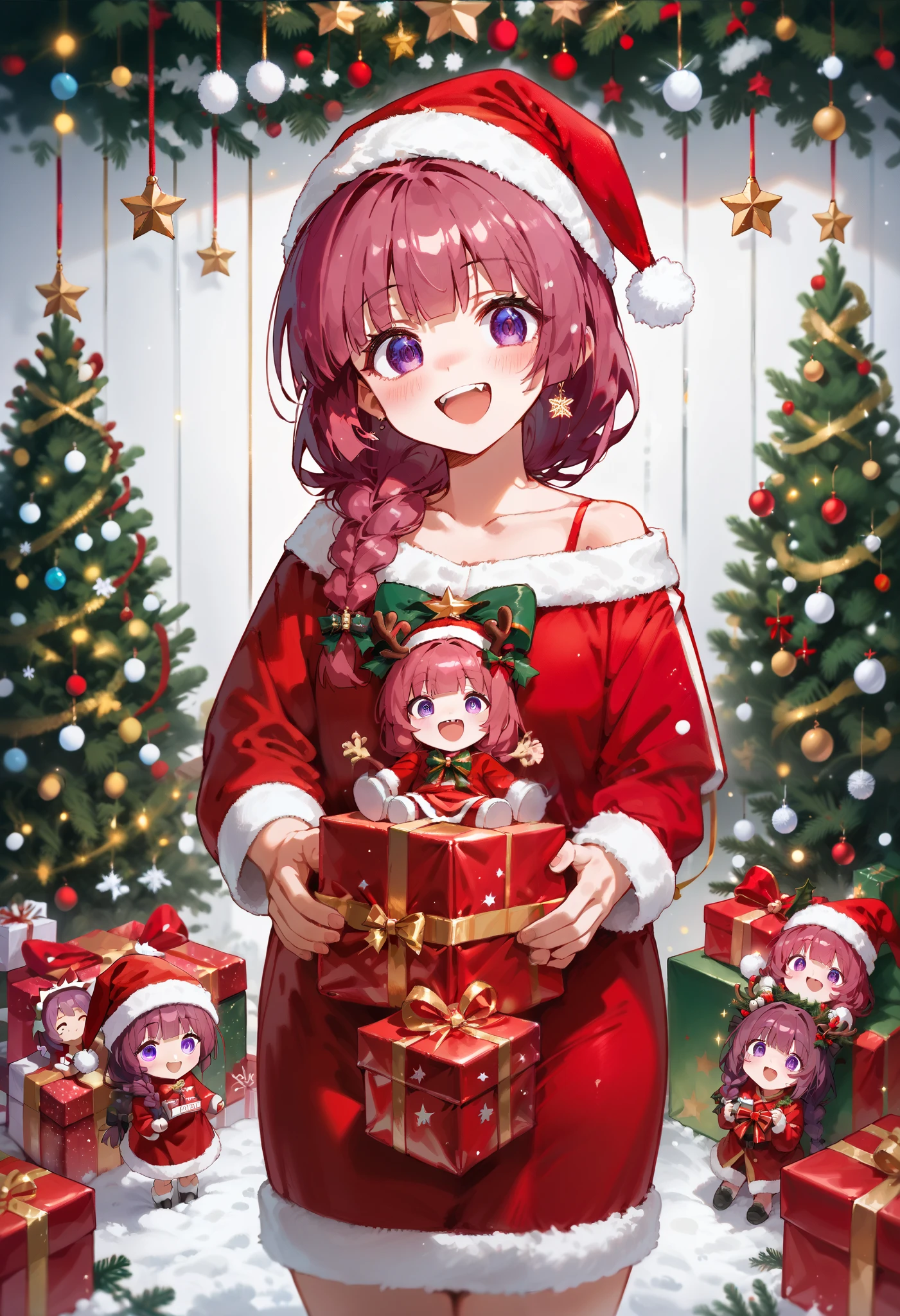  hiroikikuriSDXL,hiroi kikuri, single braid, hair over shoulder, hair bow,black bow,purple eyes,, colorfull flowers, ,, vigorously smiling, , exciting face, ,, smiling,, holding a doll,, Present,christmas ,christmas lights,christmas clothing,christmas tree,merry,,gift box, , celebrating, ,,In this festive winter 
