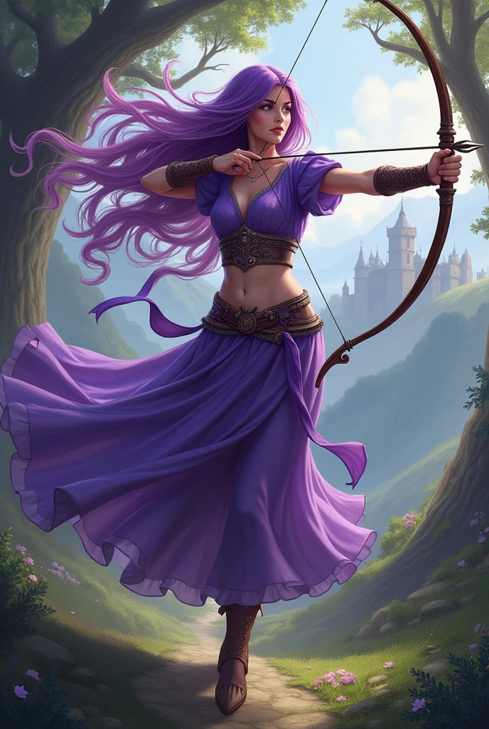 Zerg Queen, a beautiful girl named Lanlinger, 18 years old, with big , depicted in an oil painting style. She has messy dark purple hair, a perfect face with soft skin, and light violet and red hues added. Lanlinger is wearing a red dress and is running towards the viewer with a worried expression on her cute face. She is seen from a distance in a mysterious magical forest. The image should have complex details and be in 8k resolution, capturing the essence of a masterpiece.