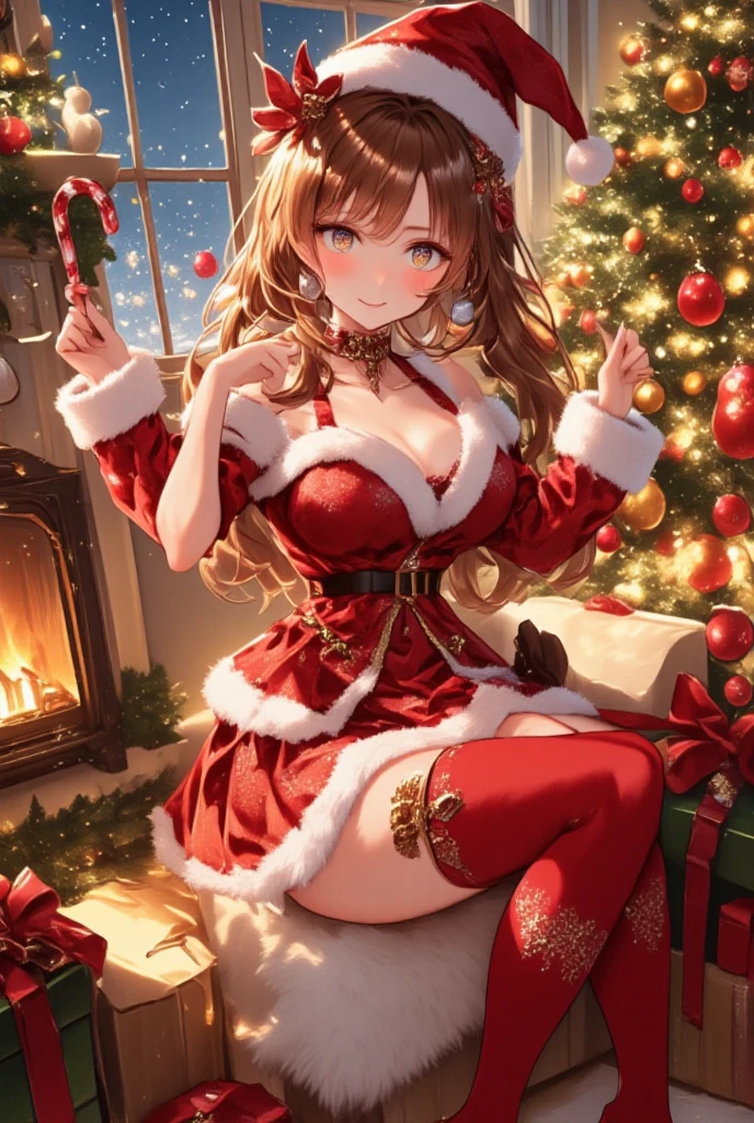 top-quality、Full limbs、complete fingers、Slender beauty、straight haired、Red hair、Beautiful Large Breasts、(Detailed ultra-oily shiny skin:1.1)、oily shiny thighhigh、(Perfect bright red Santa Claus leotard:1.3)、((White High Socks))、Wearing a Santa Claus hat、((Wearing a Santa Manto))、Beautiful