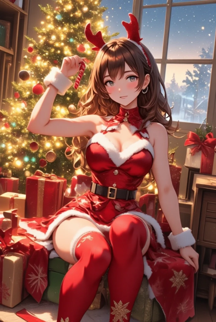 sksbrooke person, sksbrooke, (masterpiece:1.2), (best quality:1.2), perfect eyes, perfect face, 1girl, solo, brown eyes, (medium breasts), perky breasts, seductive look, santa outfit with santa hat and thigh high red boots, nighttime snow village with christmas tree lit in the background, standing, sitting in santa chair, top view, smiling