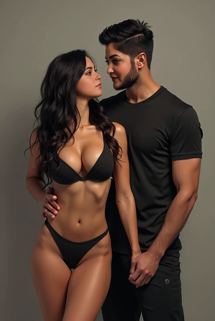 A sexy and beautiful man and woman, both age 20, woman wore black bikini and man wore Black suit, woman have gigantic boob 1:6, big cleavage, man have six pack abs, both are present in park, couple pose, standing pose, masterpiece, realistic, detailed,8k, camera angle front, looking at each other