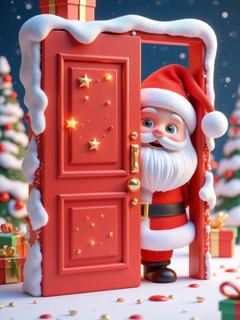 3D illustration of a cute Santa Claus peeking out from behind a red door, in the style of Pixar, a huge gift box , a pure clean background, a red and white color scheme, and minimalist art, with high resolution, high detail, and high quality.