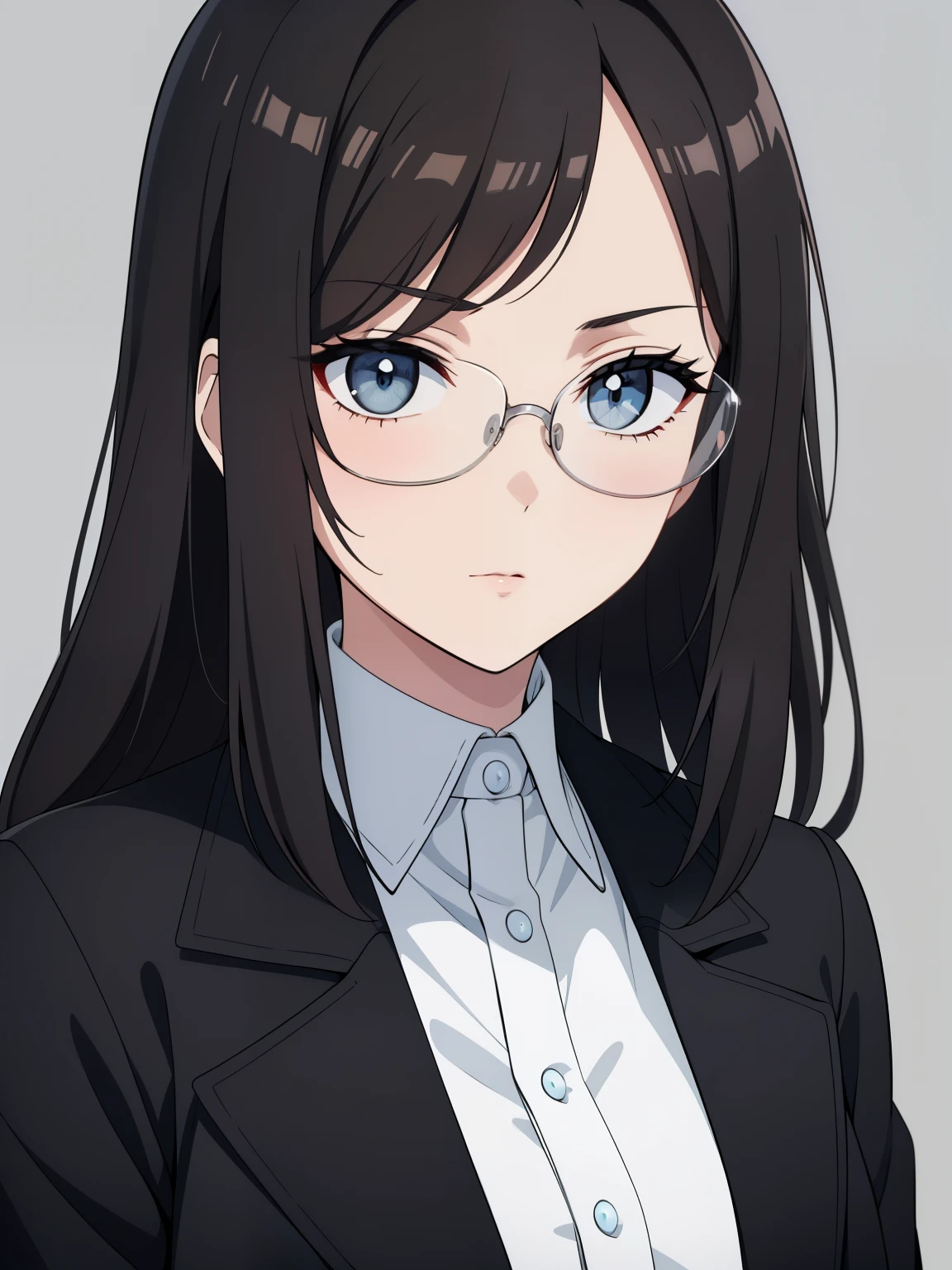 (high-quality, breathtaking),(expressive eyes, perfect face) portrait, 1girl, female, solo, adult woman, Symmetrical Eyes, age late 30's, black brown hair, light browneyes, medium hair length, curly hair, stylized hairstyle, glasses, looking at viewer, portrait, neutral expression, black trench coat, white shirt, black vest, belt, black pants, grey background, coat on shoulders, jacket on shoulders, slender build
