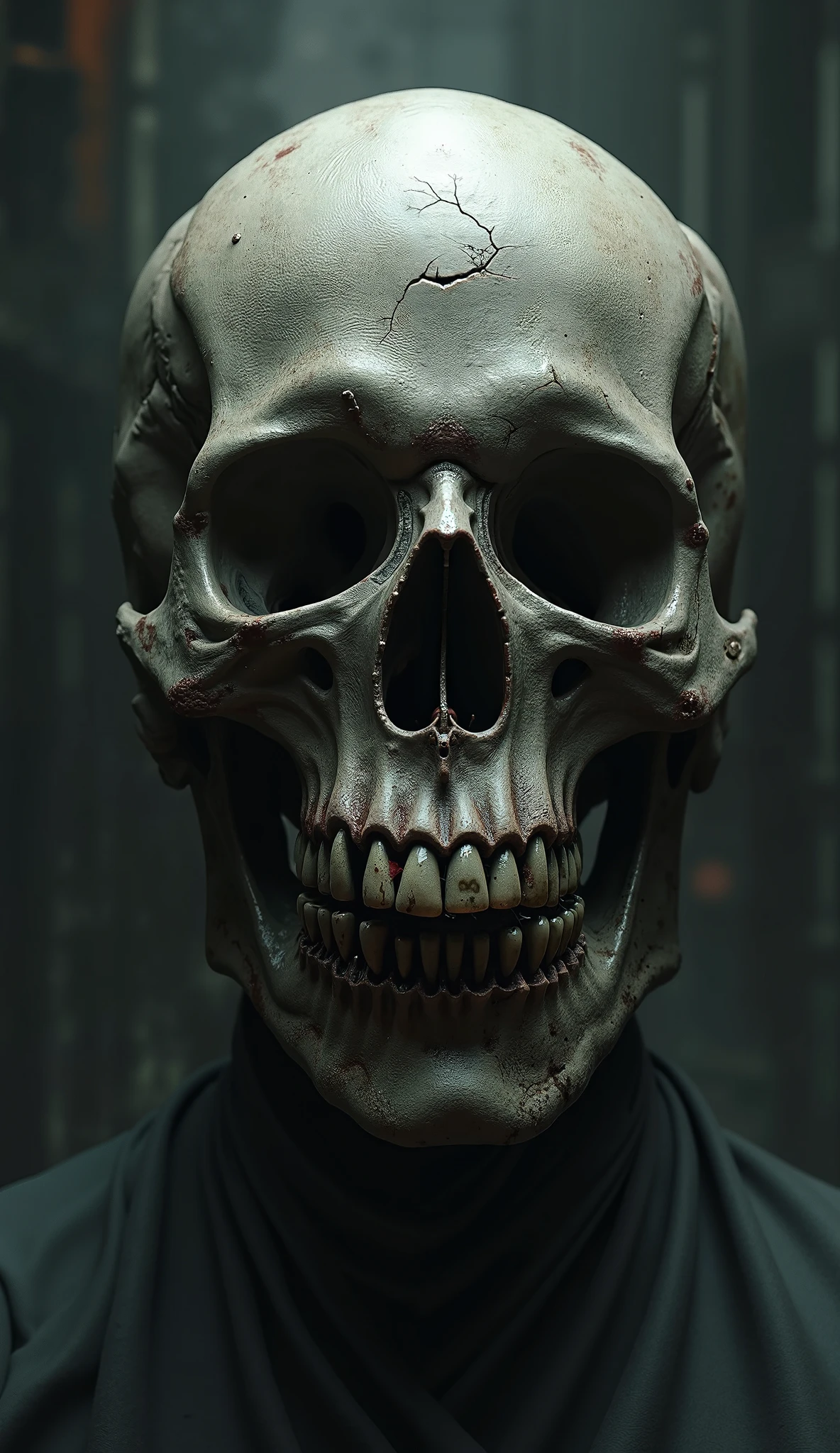 Zombified skeleton batman whose face's right side is skeleton and left is human wearing batman's mask portrait