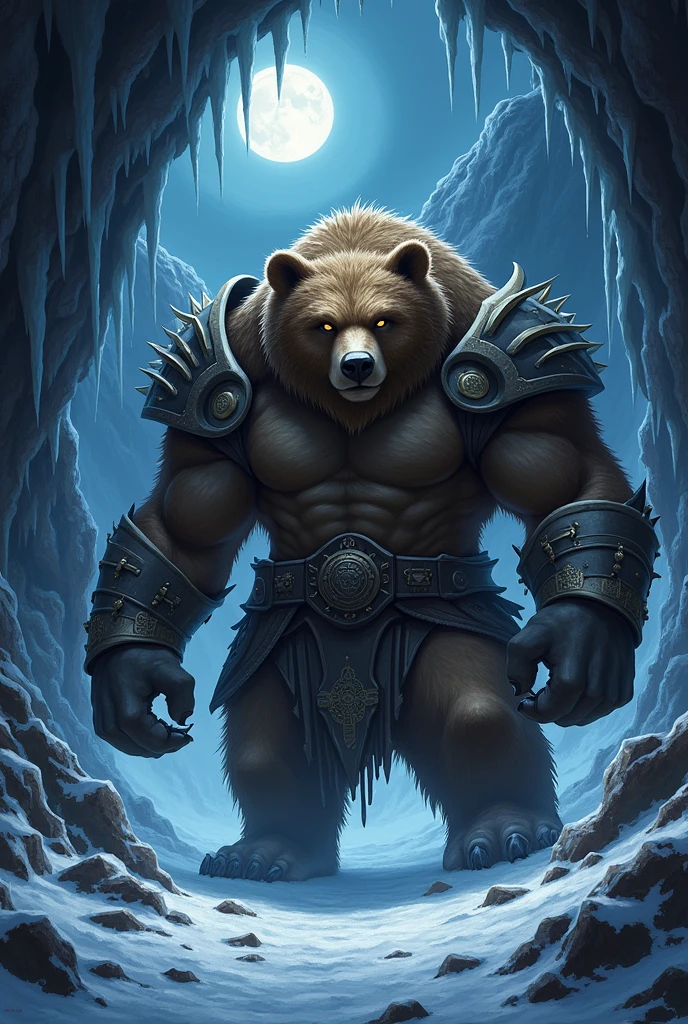 a close up of a bear with chains on his chest, muscular werewolf, fur-clad barbarian goliath, from warcraft, in style of wold of warcraft, giant bear human hybrid, 4k fantasy art, from world of warcraft, berserker potrait, as an ugly titan, epic fantasy art style, as a titan, epic fantasy art style hd, 8k fantasy art