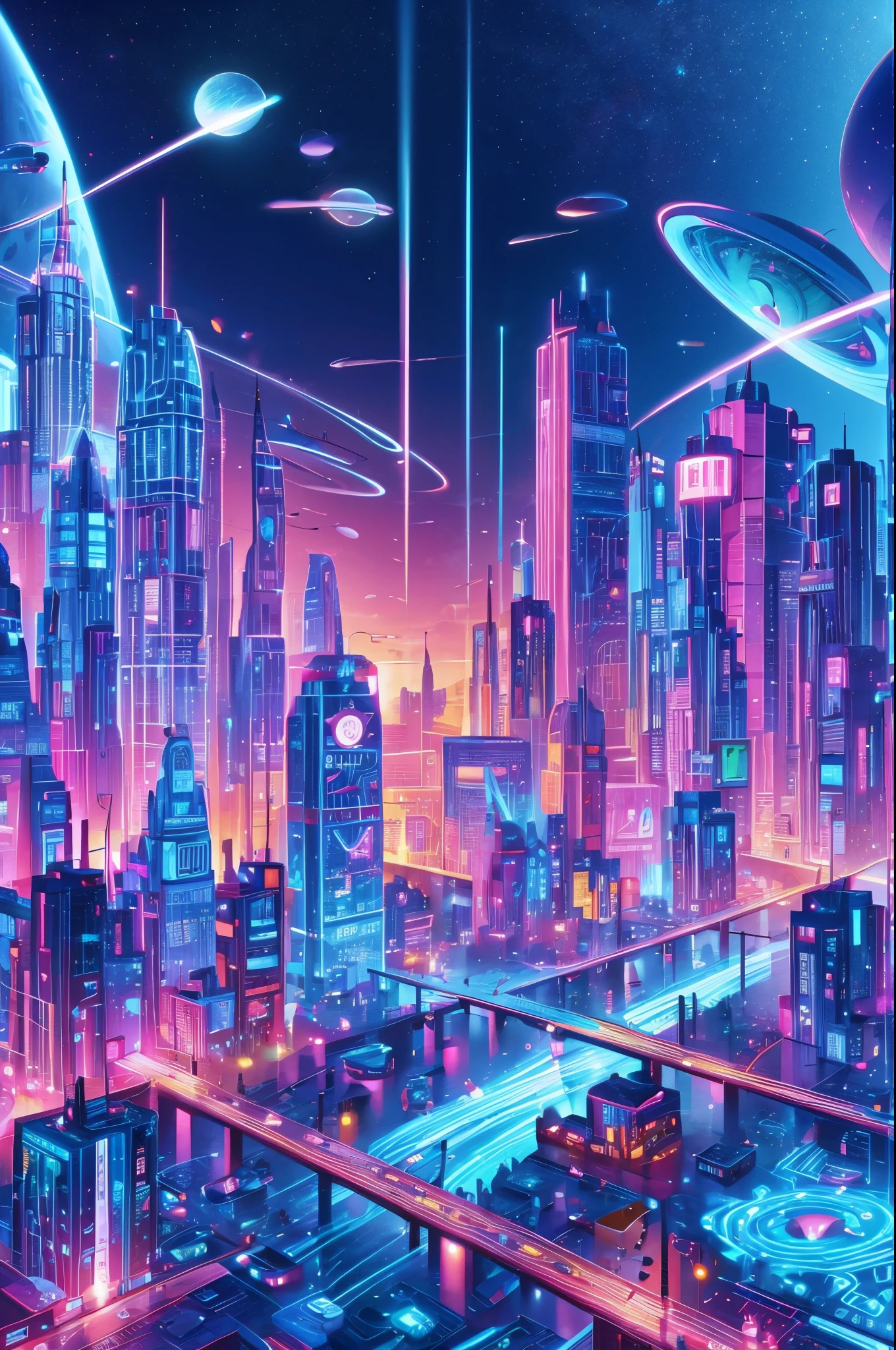 cartoon illustration of a city with a satellite and a satellite, background artwork, colorful concept art, background art, jen bartel, russian orbit city cityscape, metaverse concept art, retrofuturistic digital painting, space port city, a digital dreamscape, sky town, stylized digital illustration, in style of beeple, colorful city, stylized concept art, pastel tone, lightening, cute mood