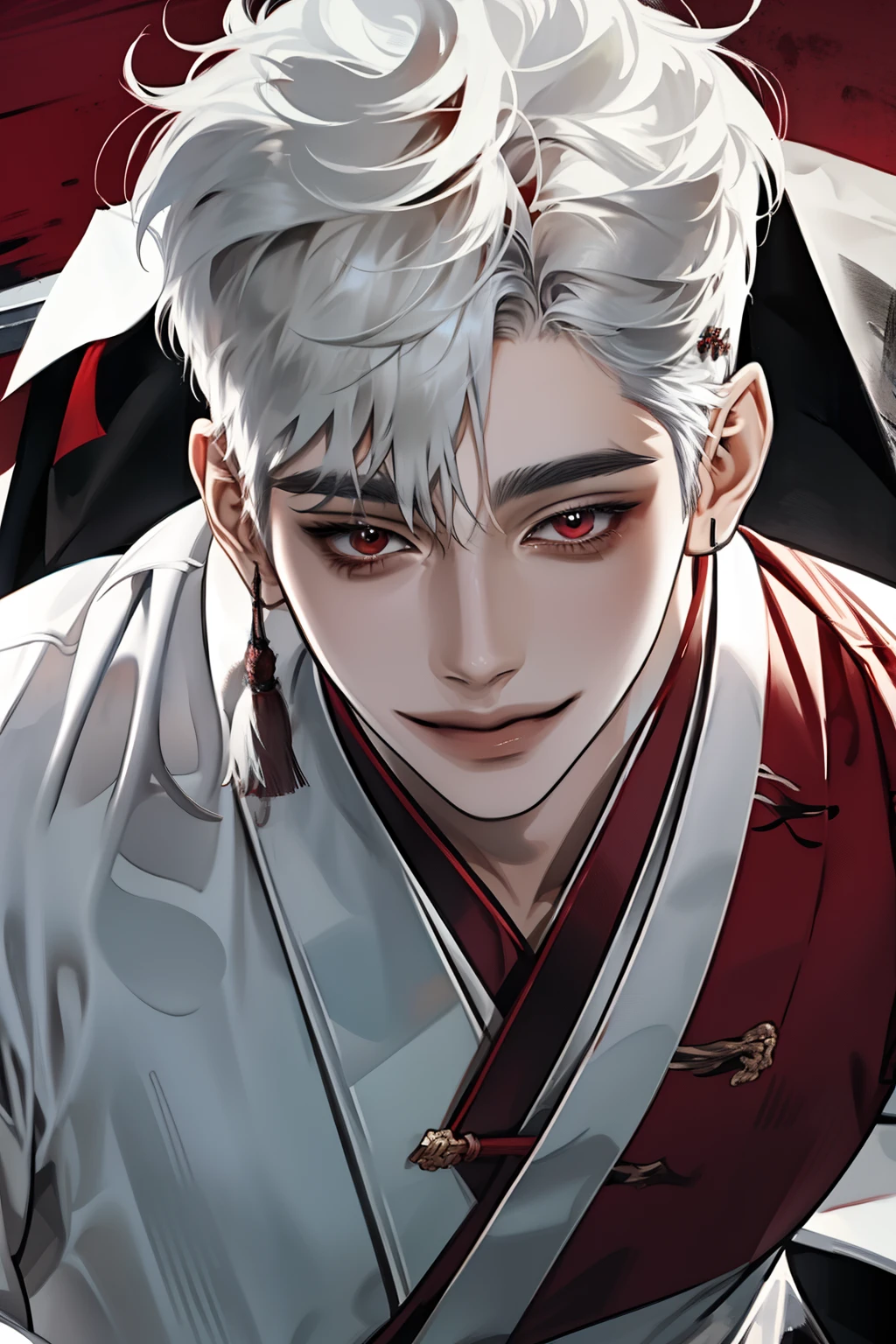 boy,   wolf cut hairstyle,   white hair,   sharp features wearing student clothes,   white skin ,  Staring at it from above , (( authentic Korean men's clothing )),  More information  ,   red eyes, ( smiling eerily)