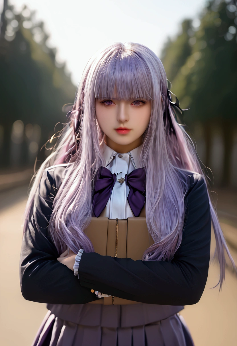 bmasterpiece、top-quality、hight resolution)、 Real life adaption for this character, Masterpiece, high quality, best lighting, cinematic, 1girl, kirigiri kyouko, purple hair, (perfect body), ((schoolgirl uniform)), looking at viewer, standing, outdoors