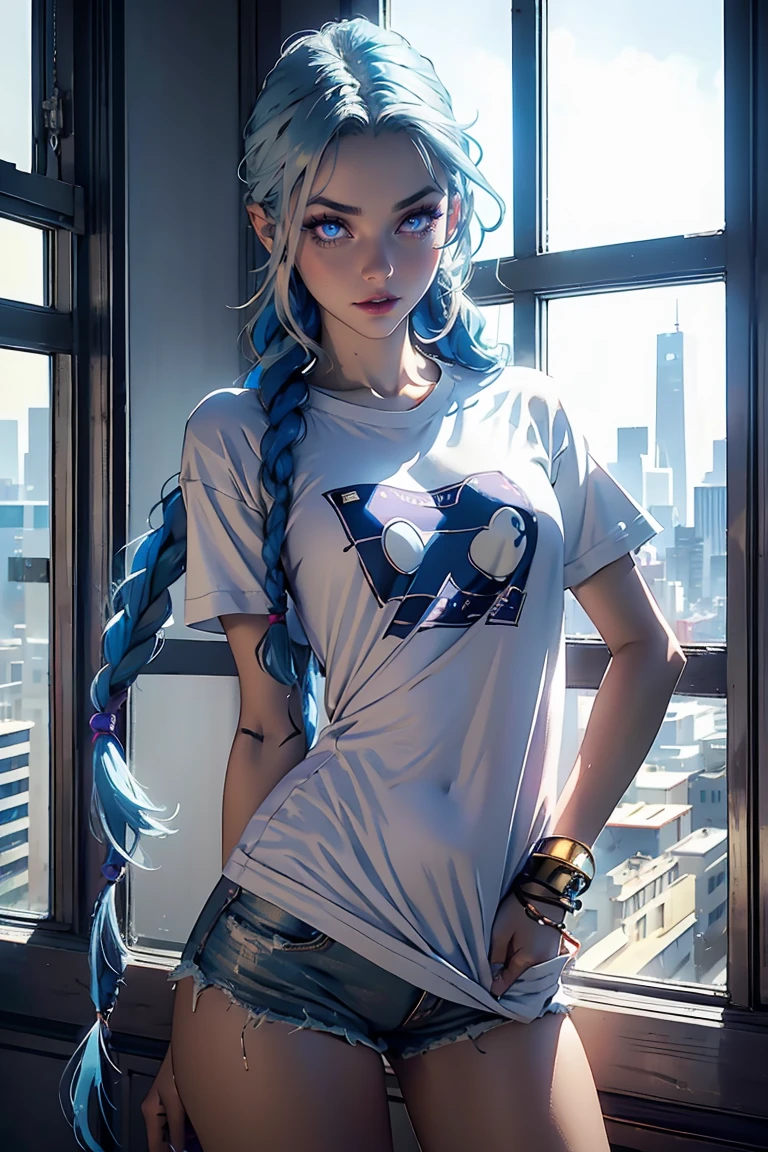 Goddess ((goddess-like woman)), slim elegant silhouette, masterpiece, best quality, sweet face, (masterpiece: 1.2, best quality), (real picture, intricate details), (1 lady, solo, medium tits, small waist, ), ((Jinx/LOL)), beautiful face, kissable lips, very long blue hair, Braided hair, two long braids, (very long blue hair), Blue hair, Blue glowing eyes, glowing eyes, crazy eyes, she has an impressive presence, beautiful face, perfect makeup, Beautiful Eyes, big eyes, she looks at the viewer,  she is wearing a oversized t-shirt and a silver shorts, s3xyj, oversized t-shirt, yellow purple t-shirt, (yellow purple t-shirt), wide sleeves, simple t-shirt, jersey, silver shorts, background: big hall, big windows, city view.bokeh,