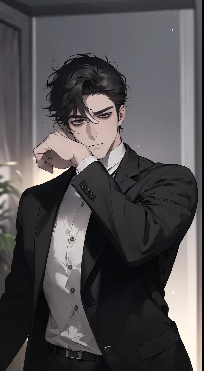 (best quality, masterpiece, 8K, photorealistic, cinematic lighting, 1:4 hdr image, ultra detailed, beautiful image), a mature man, very handsome, ((cold expression)), short black hair, black eyes, face perfect without mistakes, ((buttoning his jacket, CEO))