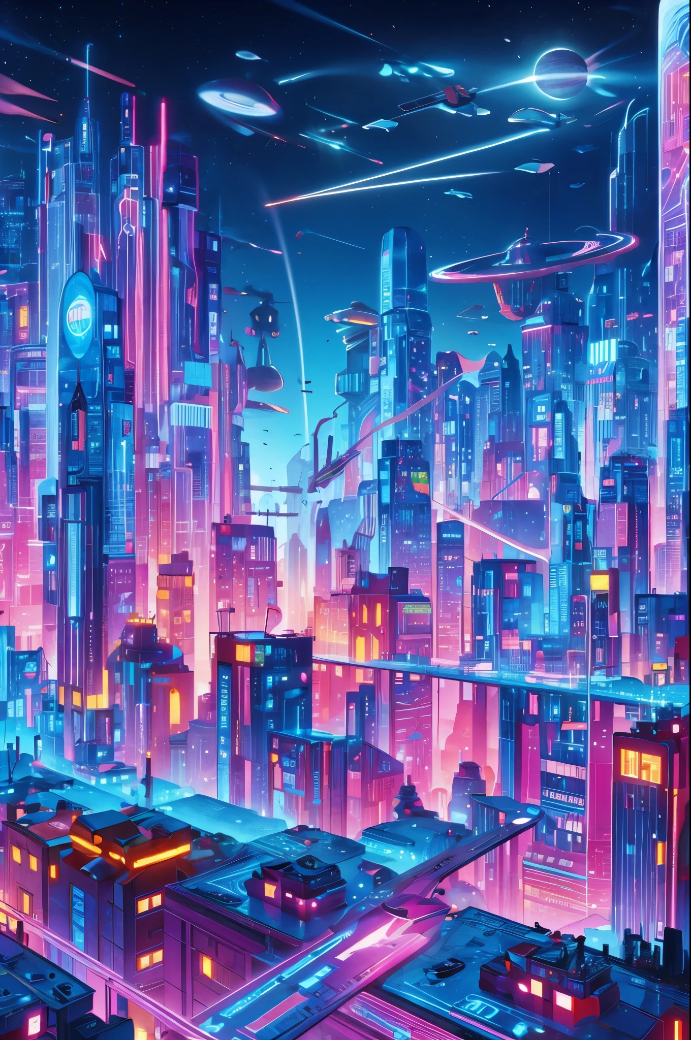 cartoon illustration of a city with a satellite and a satellite, background artwork, colorful concept art, background art, jen bartel, russian orbit city cityscape, metaverse concept art, retrofuturistic digital painting, space port city, a digital dreamscape, sky town, stylized digital illustration, in style of beeple, colorful city, stylized concept art, pastel tone, lightening, cute mood