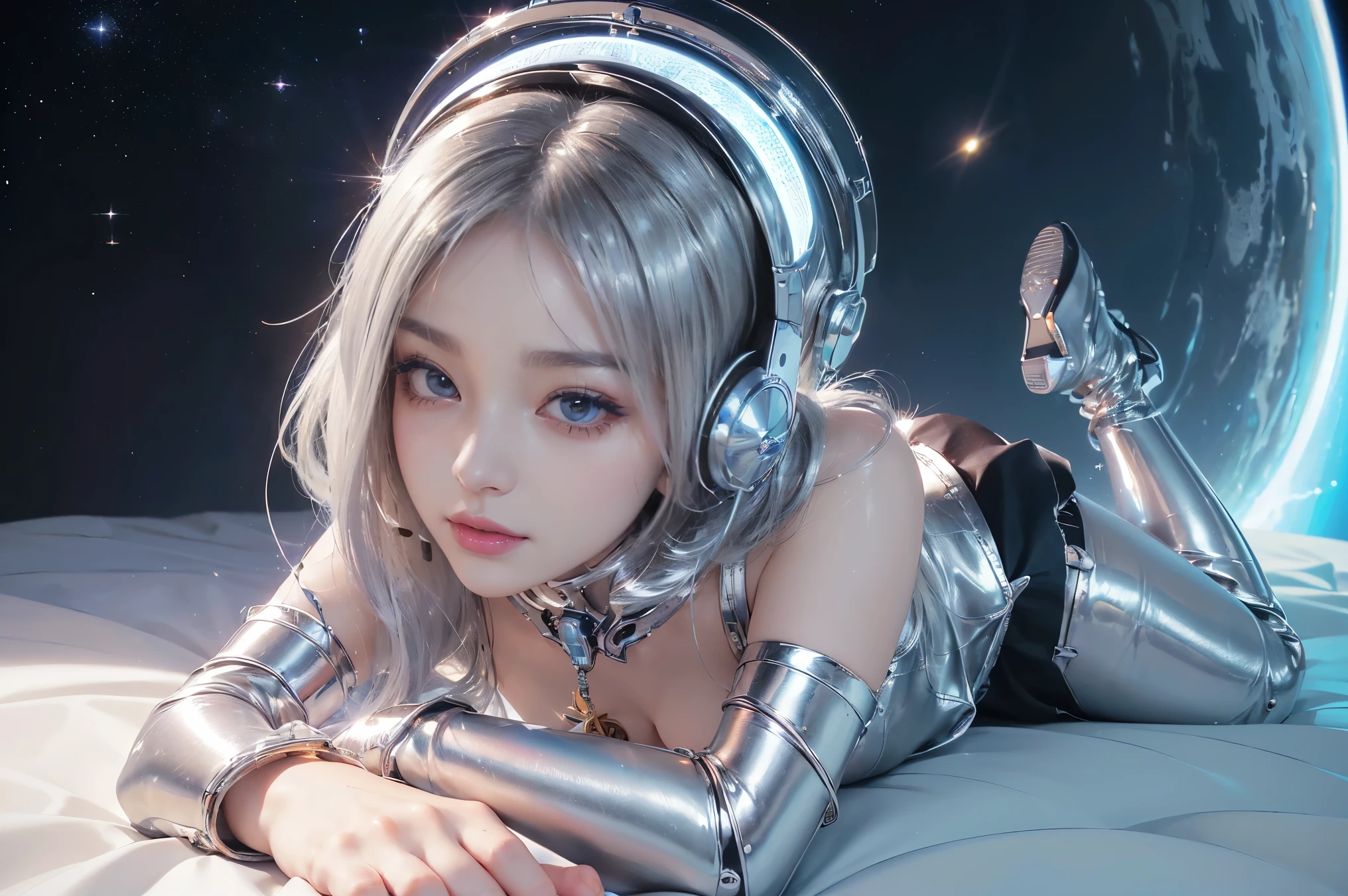 （Front Focus），Surrealist female portraits by David Hockney and Alphonse Mucha，((超Huge boobs))、((Upper body naked))、(City of the Future)、Spaceship cabin、((bed))、((Space Colony))、( Expose)、(((Laughter)))、((Wear futuristic clothes))、Fantasy art，(((Dark pink medium length hair)))、(((Red, white and silver futuristic costume)))、Android、Wear futuristic clothes、((Sexy Japan schoolgirl、Futuristic clothes made with less fabric))、Like the picture，Dynamic Lighting，Art Station，Poster，Volumetric Lighting，Highly detailed face，4K&#39;&#39;，((Huge boobs))、Beautifully embroidered sexy futuristic clothing，With diamonds，Sexy thighs，Adorned in futuristic clothing and fine jewelry，腹部をExposeさせる ,chest 1 , In the Dark, Deep Shadow, Low Tone, Cowboy Shot,(Official attire:1.4), Eyes confused、It&#39;s tempting，legs apart,Perfect body、(((1 female)))、(((Beautiful and accurate five fingers)))